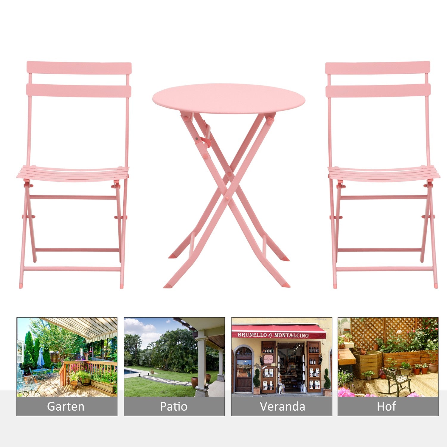 Balcony Bistro Set – hopfällbart bord och 2 stolar, rosa