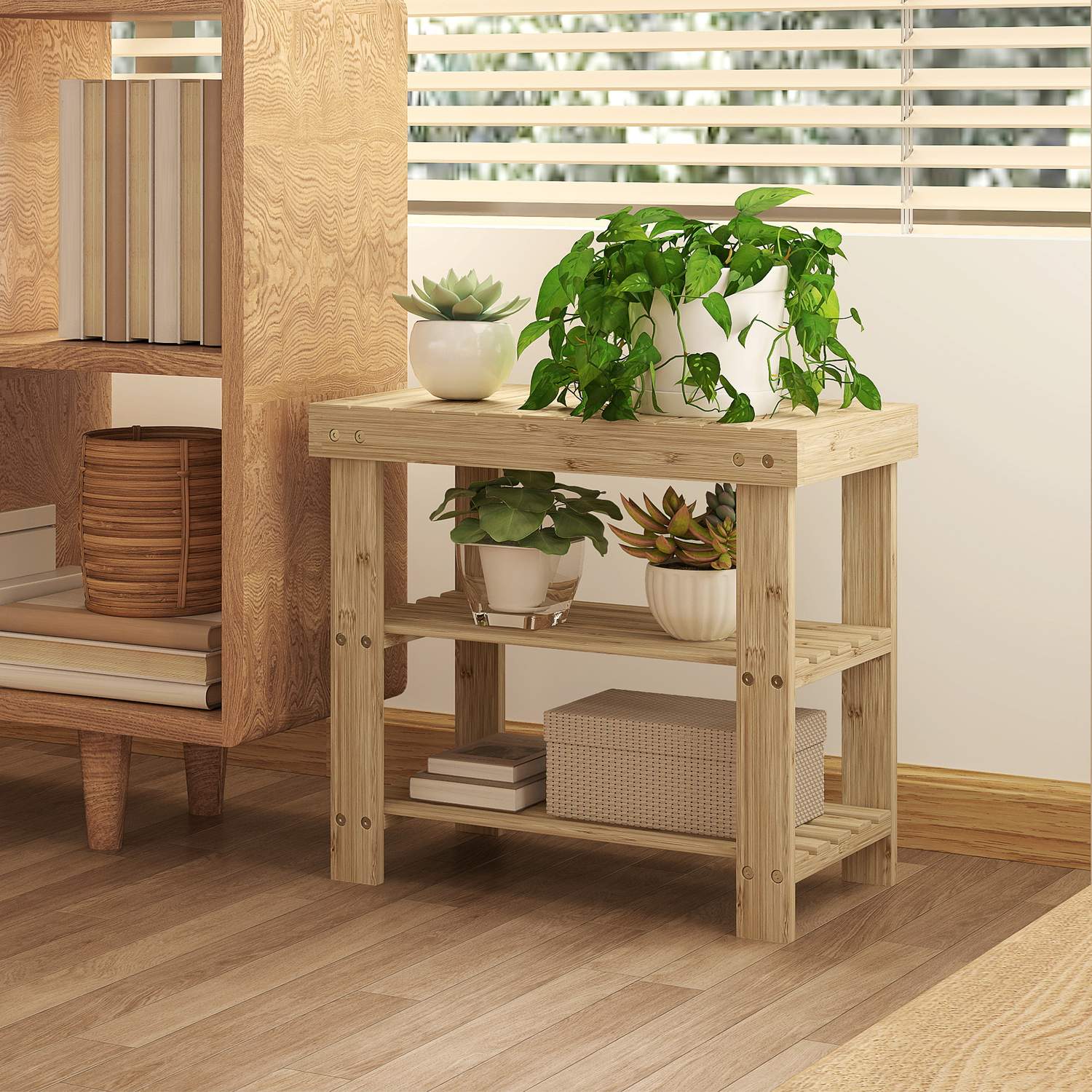 Bambuskobänk med 2 hyllor, 50x28x45cm, Naturfärgad