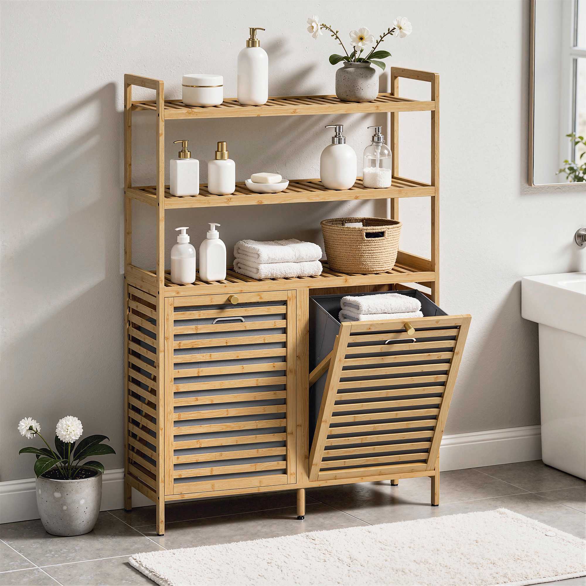 Bambu tvättskåp med lutbara korgar och hyllor
