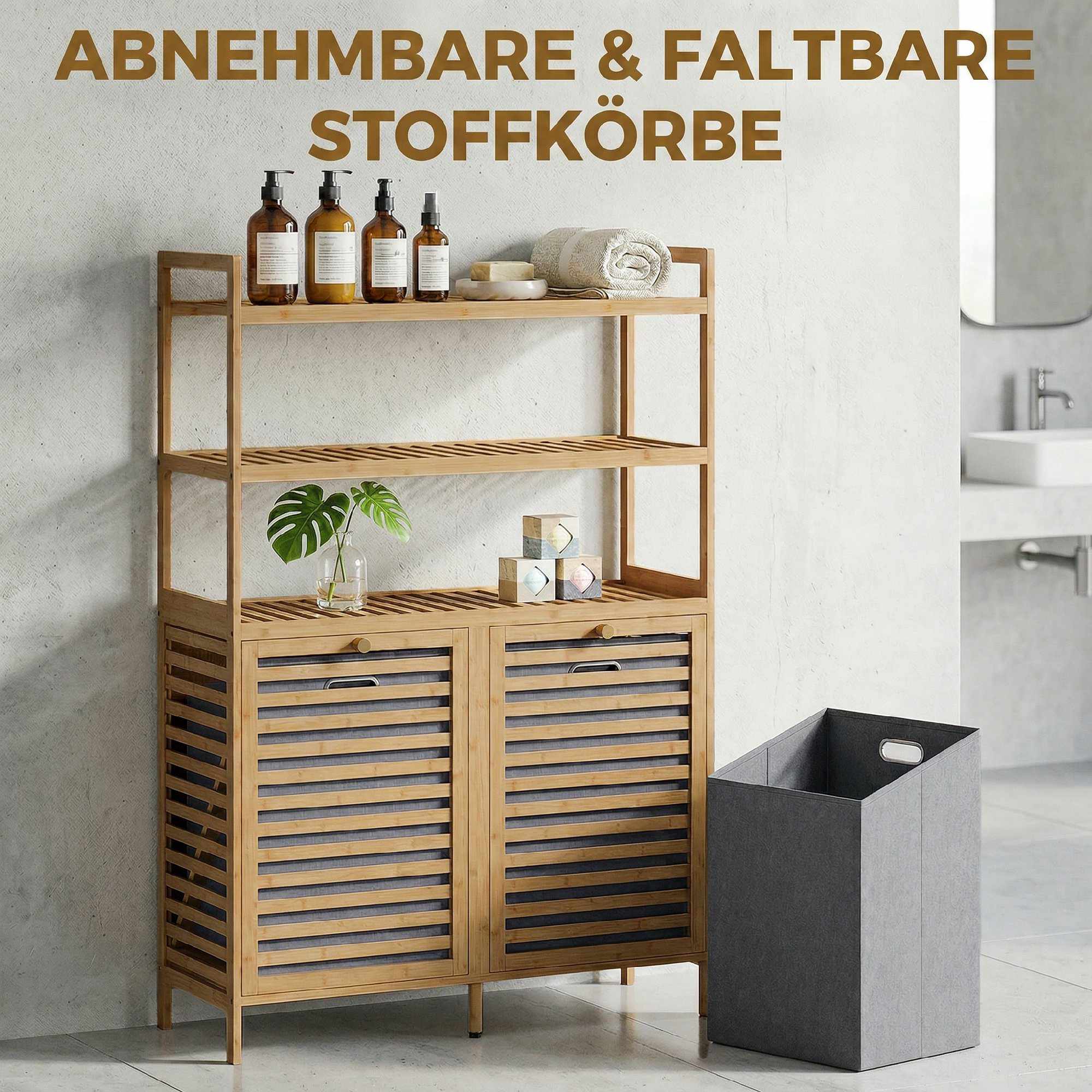 Bambu tvättskåp med lutbara korgar och hyllor