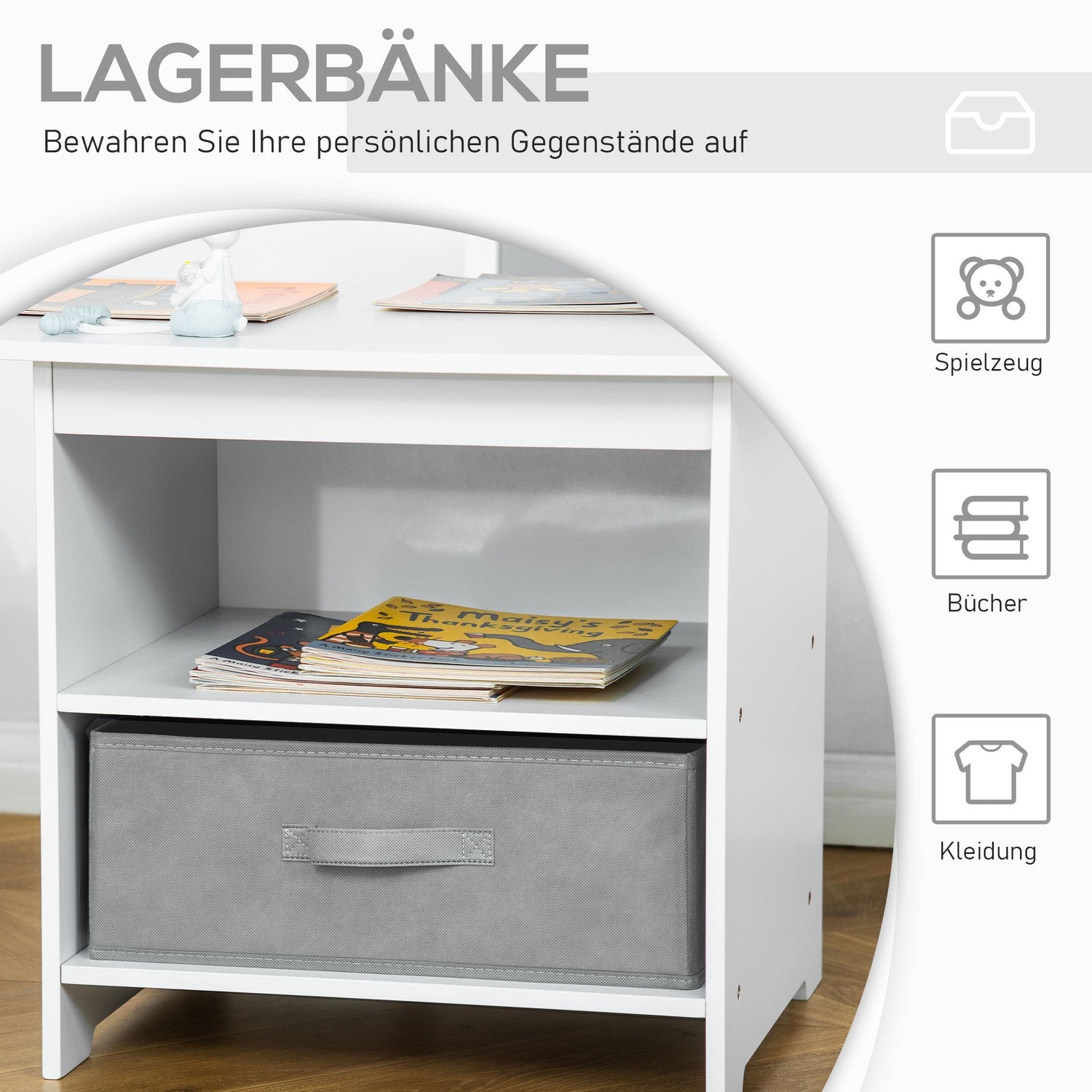 Barnbord med förvaring, Vit & Grå, Trä