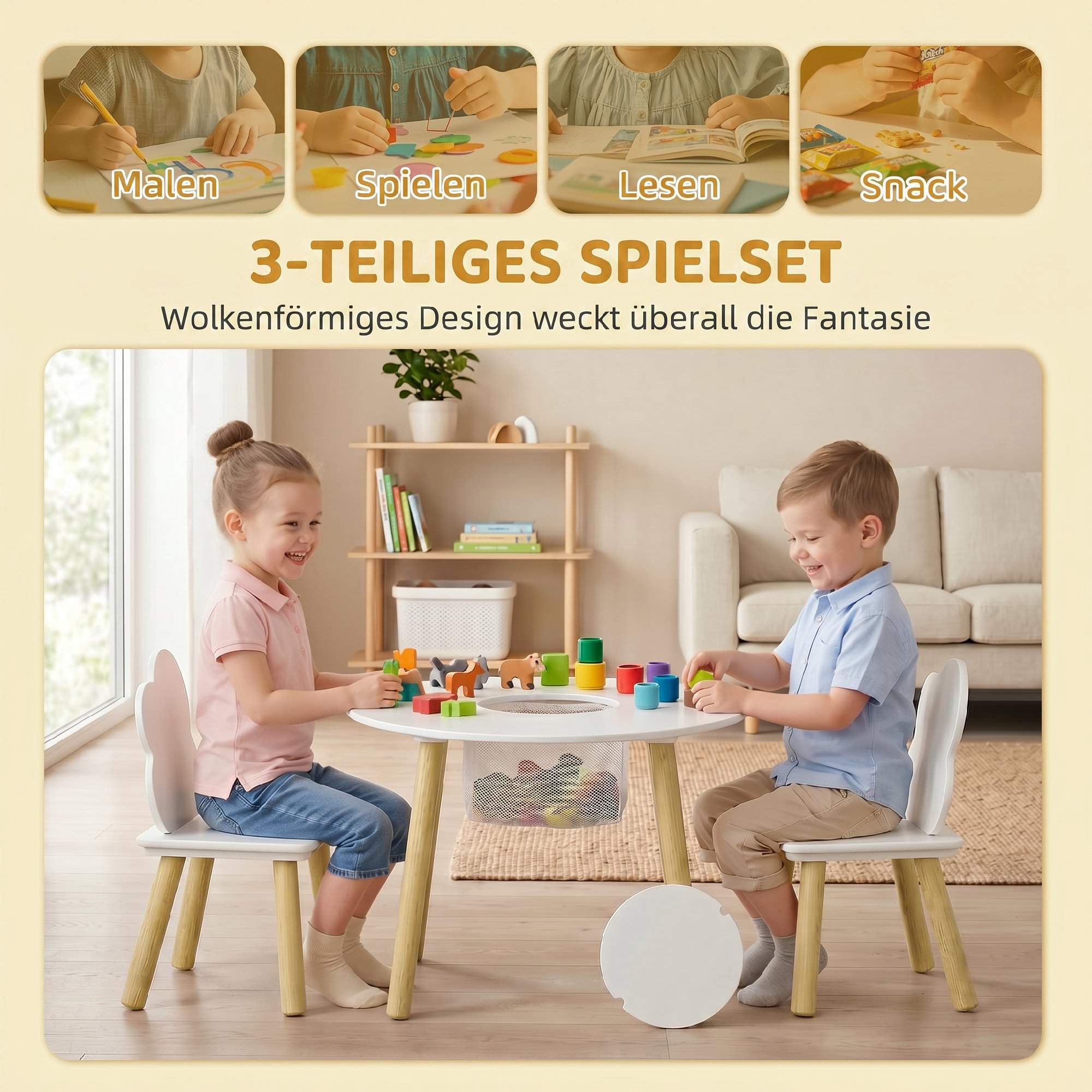 Barnbord och 2 stolar med förvaring, vit/naturfärgad