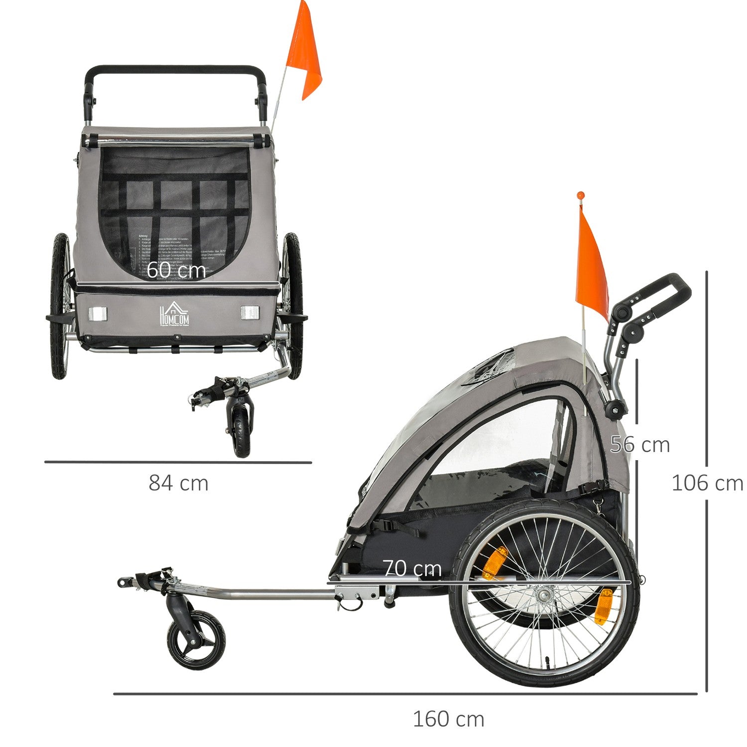 Barncykelvagn & Jogger, Grå/Svart, Säker & Vridbar