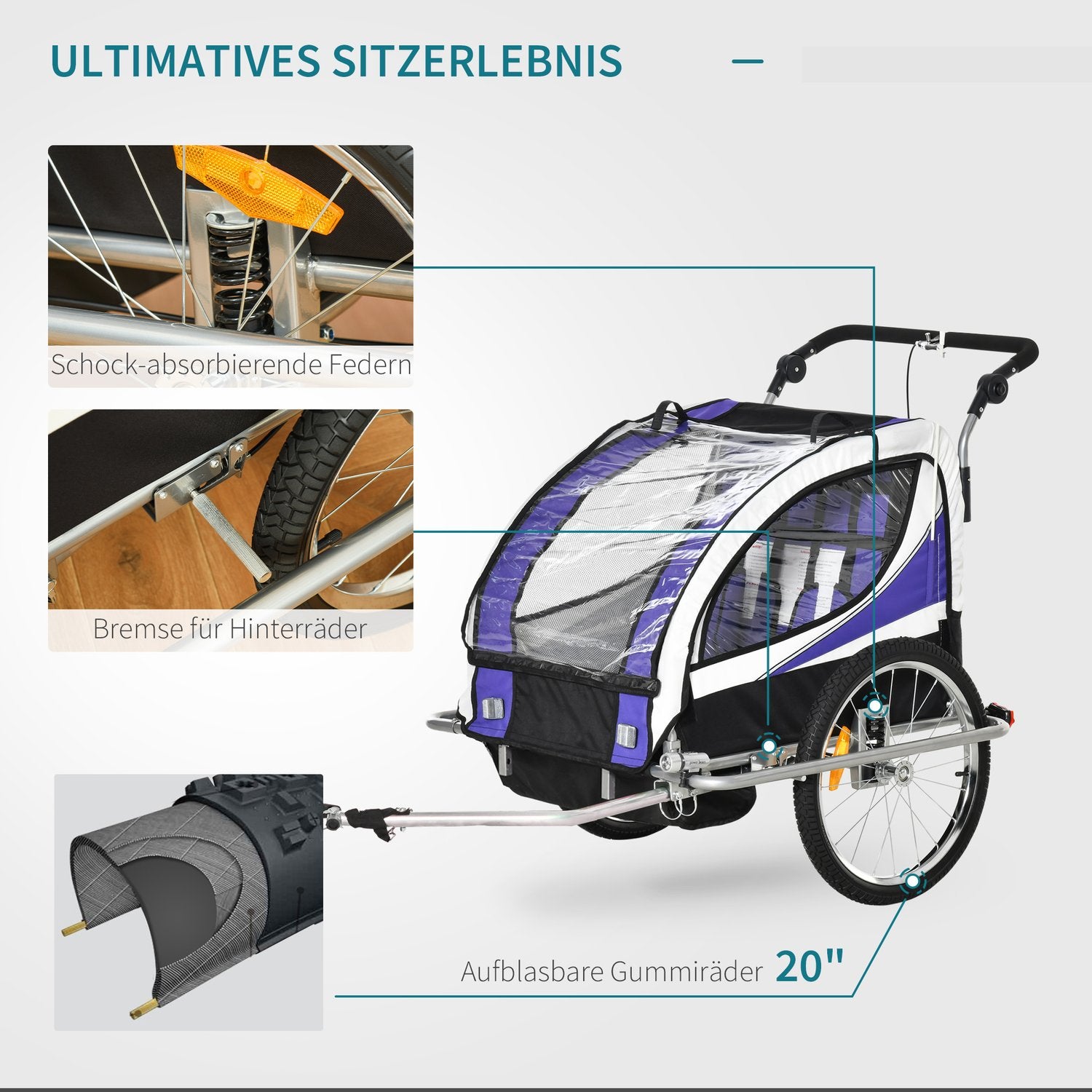 Barncykelvagn för 2 med regnskydd, lila och svart