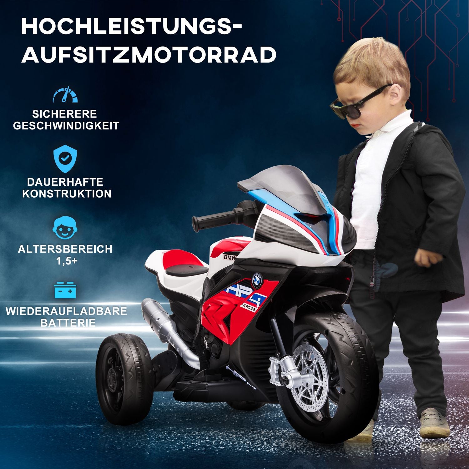 Barns 6V elmotorcykel, 3 musiklägen, röd