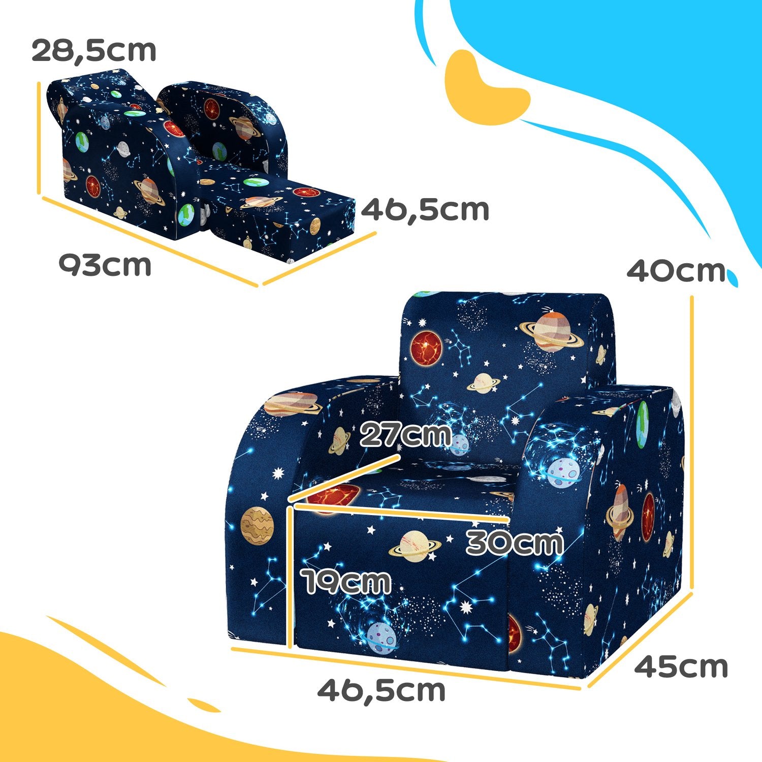 Dětské skládací rozkládací křeslo – planetární design