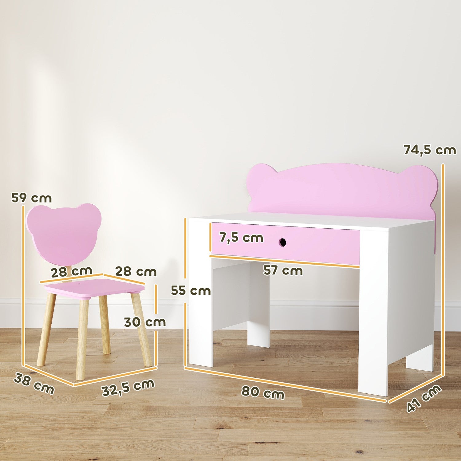 Barnskrivbordsset, björnformat skrivbord och stol med låda, för att skriva och pyssla, 3-8 år, rosa