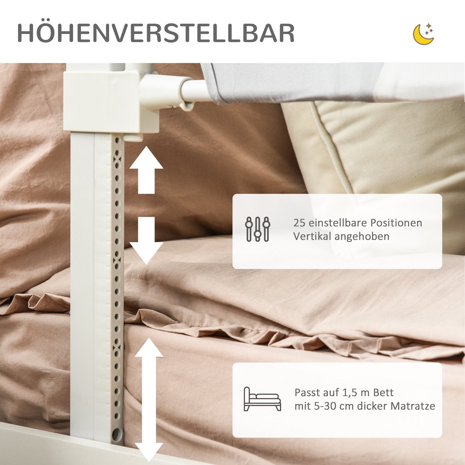 Barnsängstång, justerbar, L-formade ben, grå
