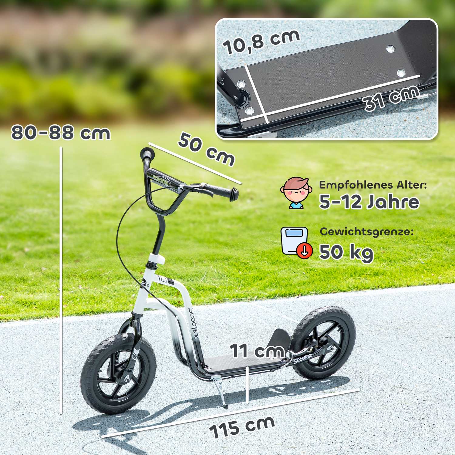 Barnsparkcykel, justerbart styre, stora hjul, åldrar 5-12
