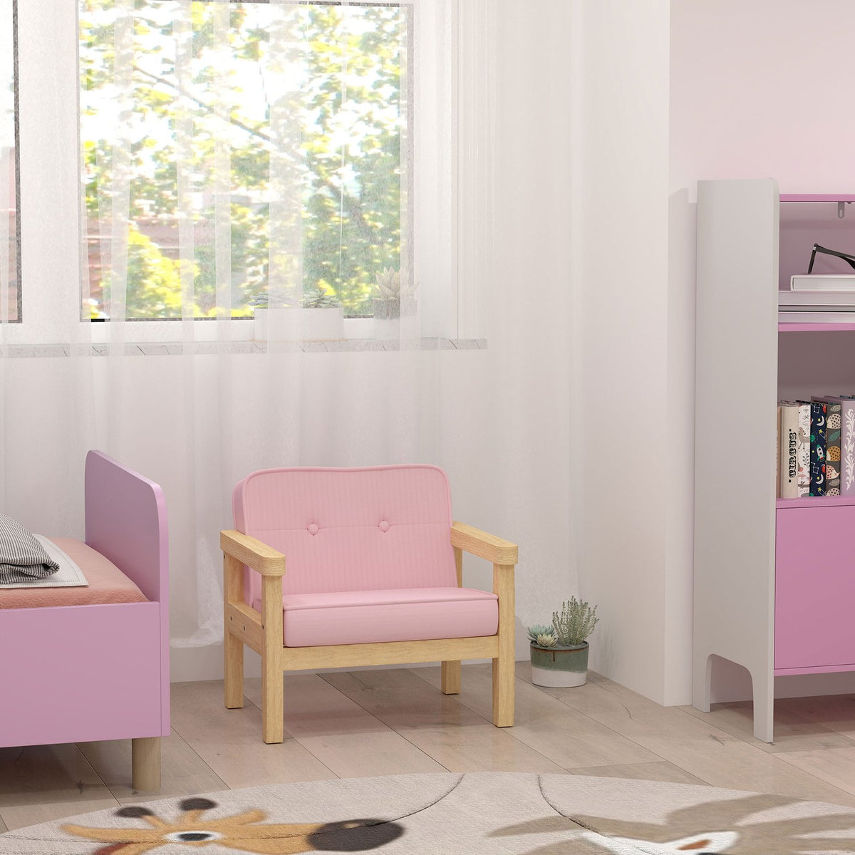 Dětská židle z manšestru, pěna, dřevěné nohy, 3–8 let, růžová
