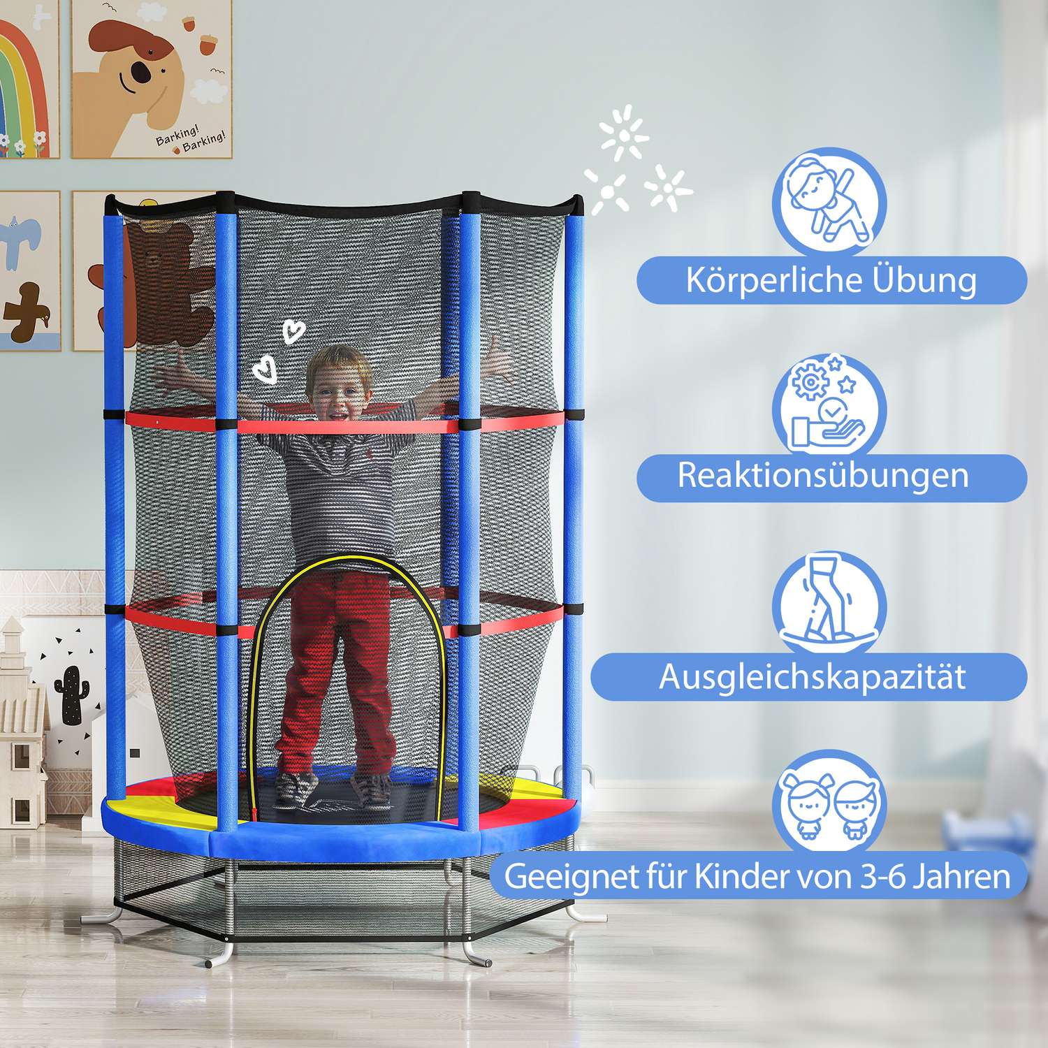 Dětská trampolína s ochrannou sítí – do interiéru i exteriéru, Ø140 cm