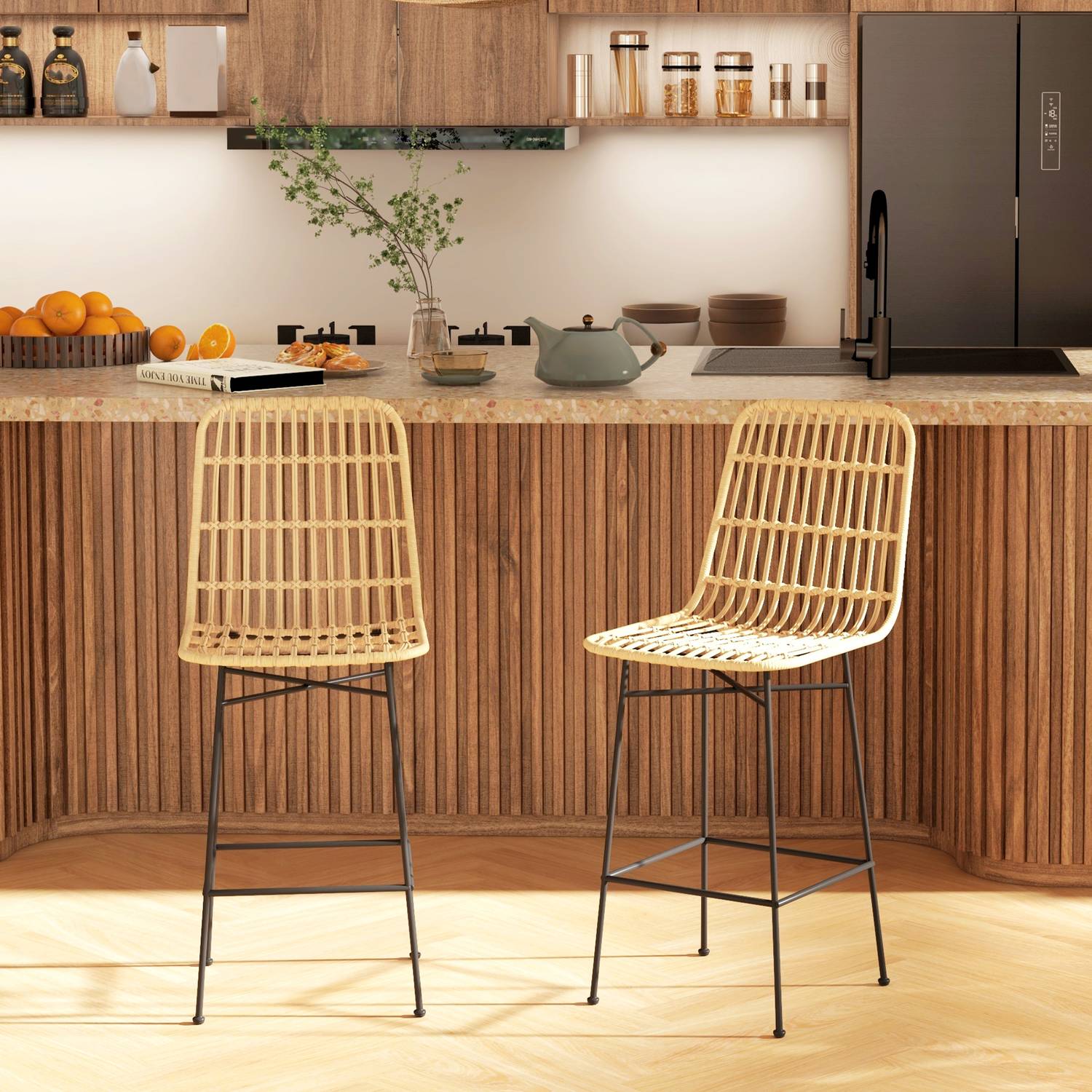 Sada 2 barových židlí, boho design, PE ratan, žluté