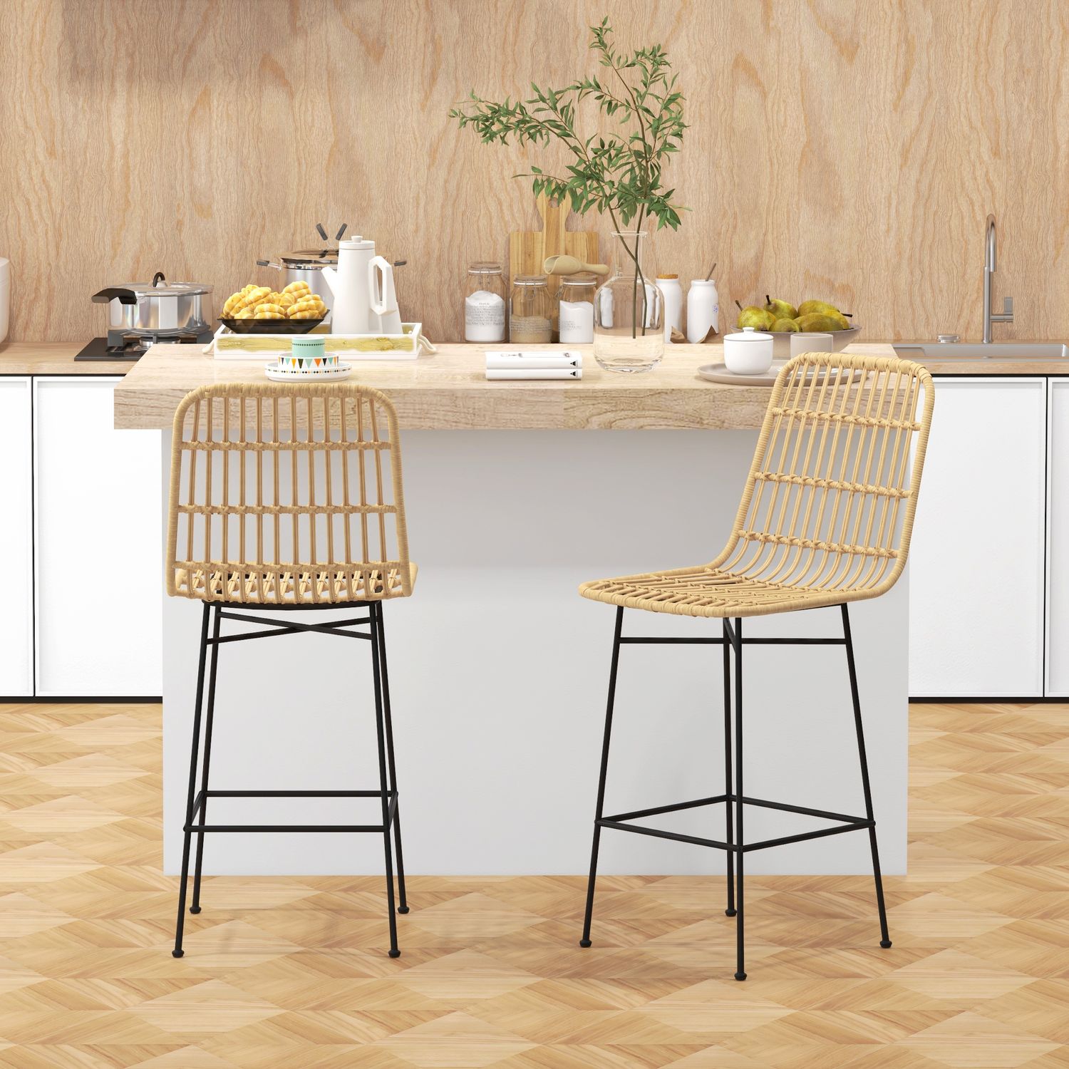 Sada 2 barových židlí, boho design, PE ratan, žluté