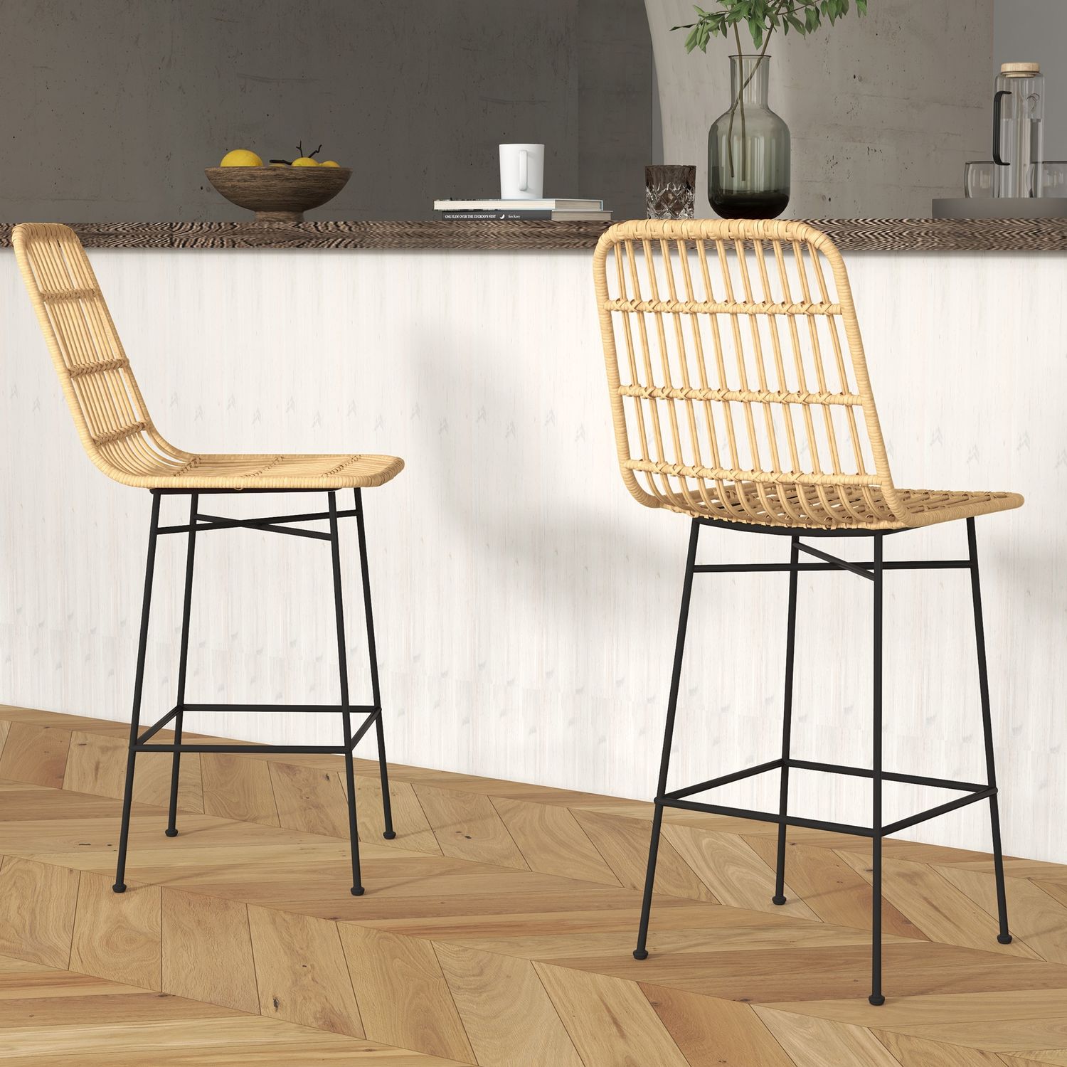 Sada 2 barových židlí, boho design, PE ratan, žluté