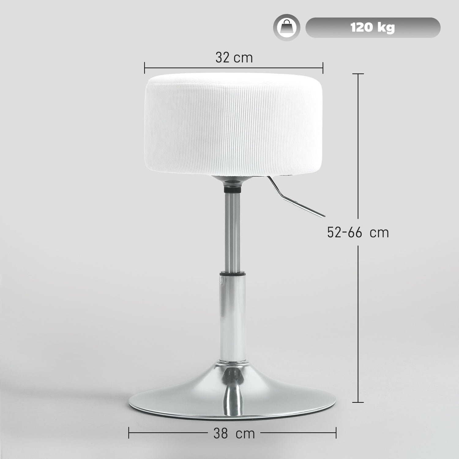 Barstol, stoppad barstol med metallram, manchesterlook, justerbar i höjdled, 360° vridbar, vit