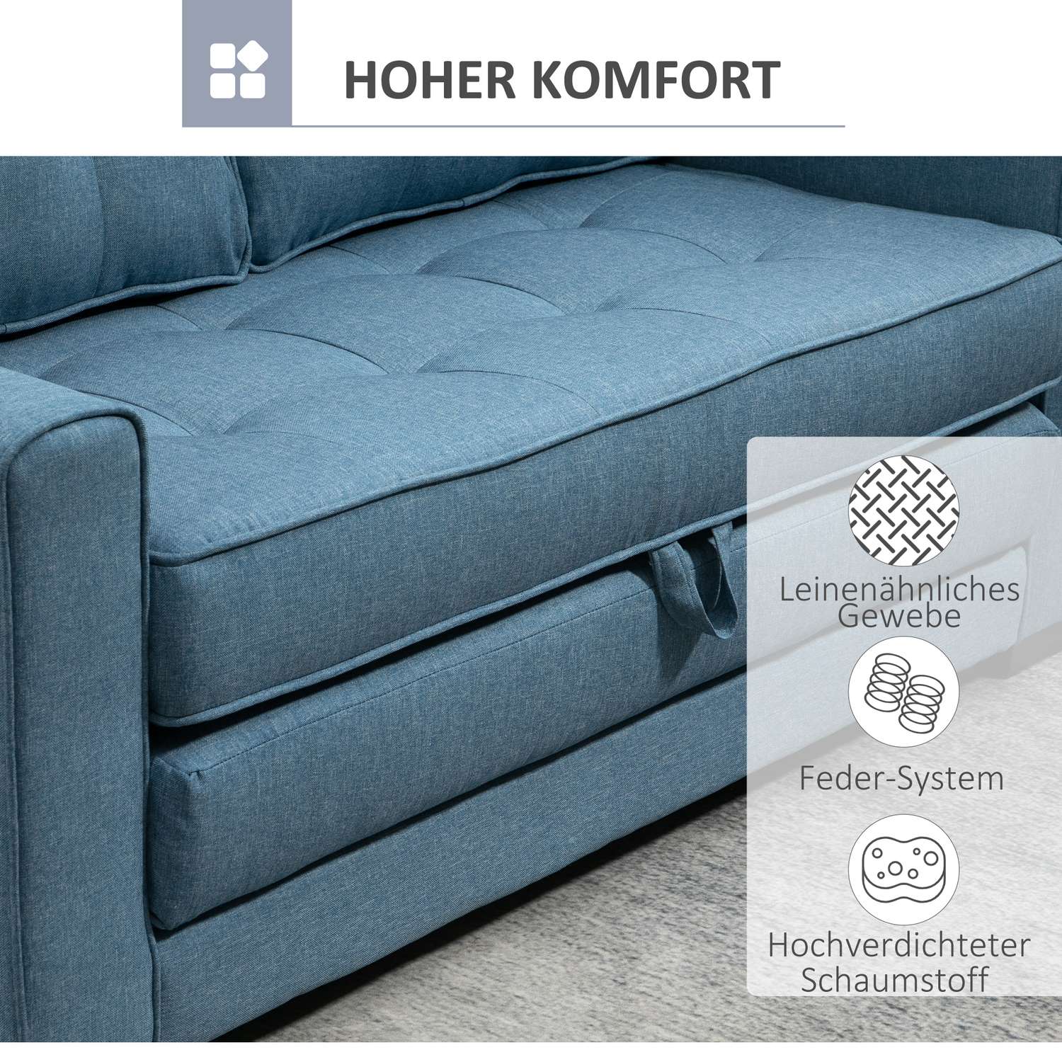 Bäddsoffa i blå tyg med sovfunktion, 2-sits