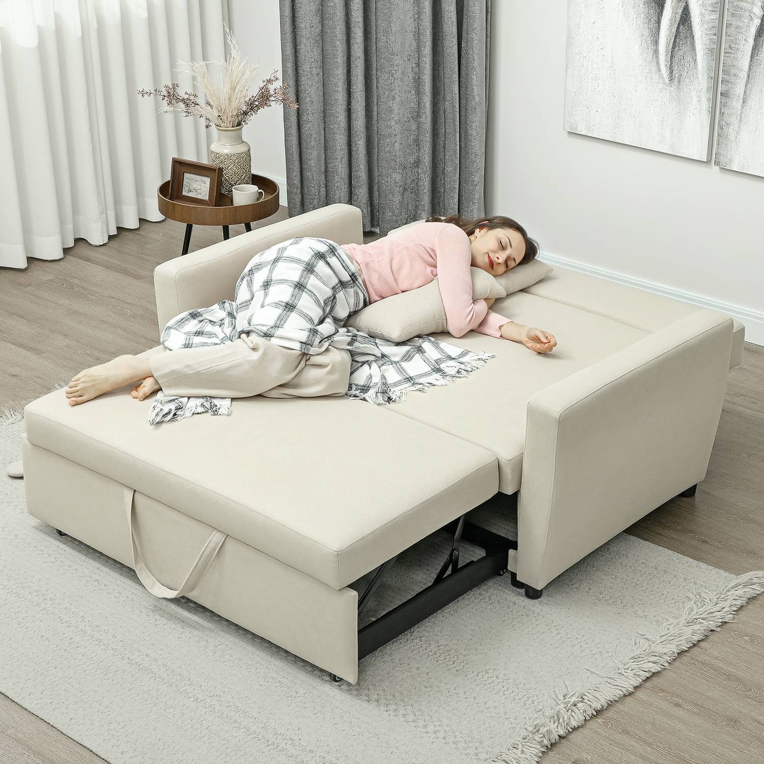 Bäddsoffa i sammetslook, 2-sits, justerbar, beige