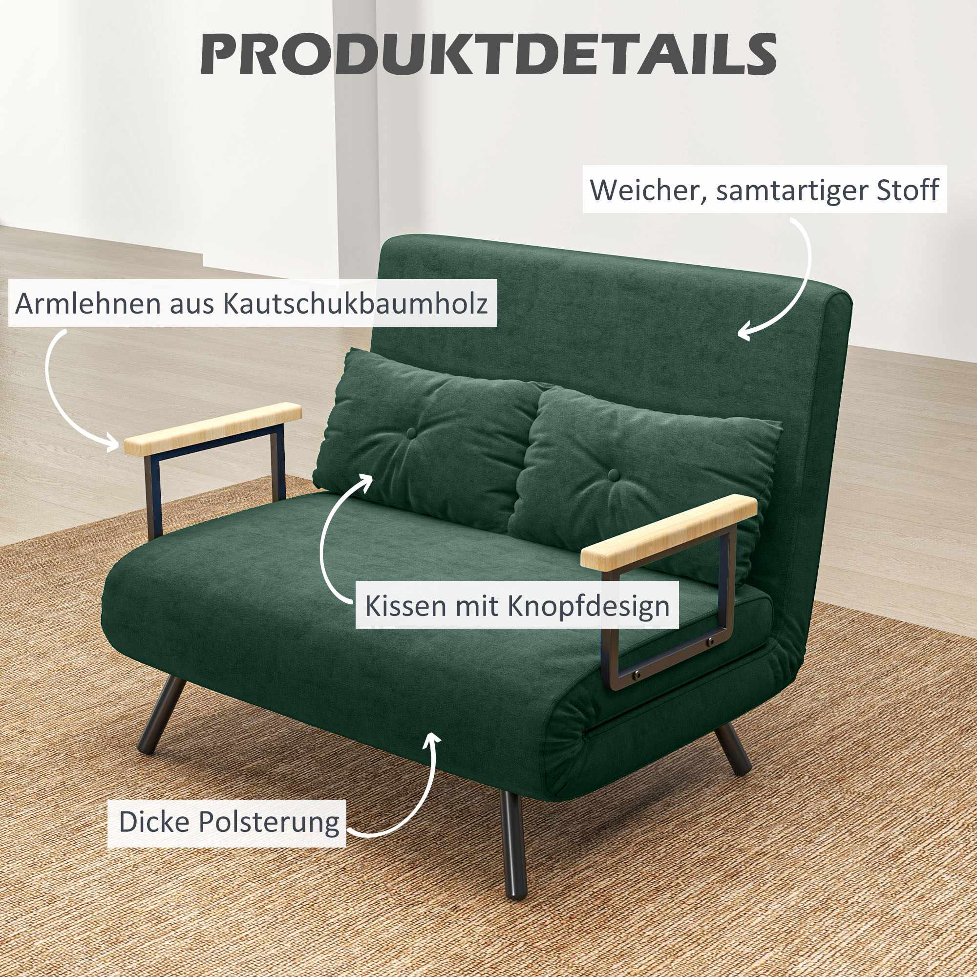 Bäddsoffa med justerbart ryggstöd, grönt tyg