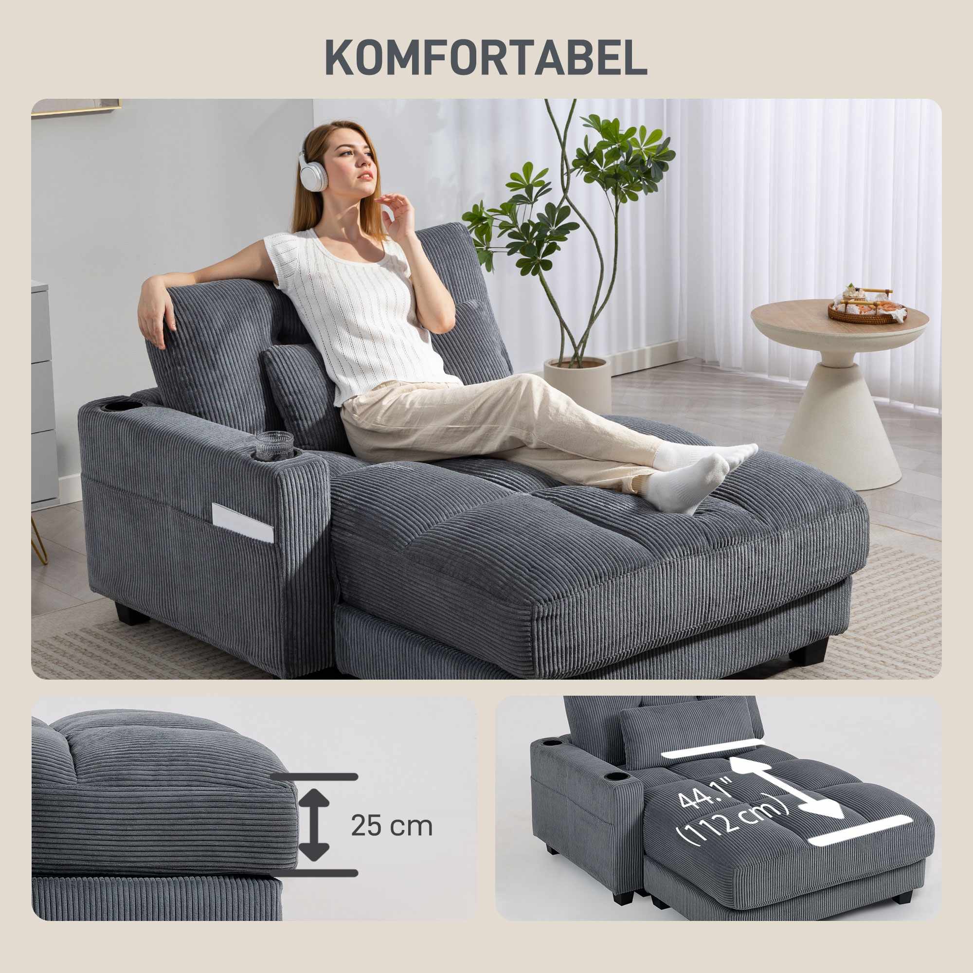 Bäddsoffa med mugghållare, djup sits, mörkgrå sladd