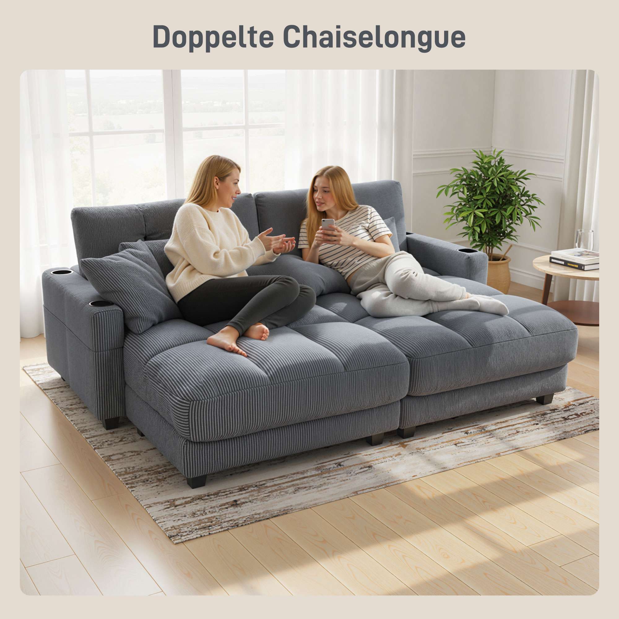 Bäddsoffa med mugghållare, djup sits, mörkgrå sladd