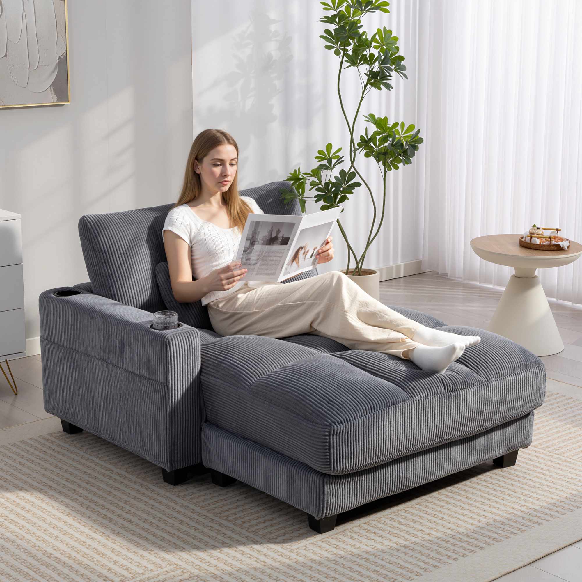 Bäddsoffa med mugghållare, djup sits, mörkgrå sladd