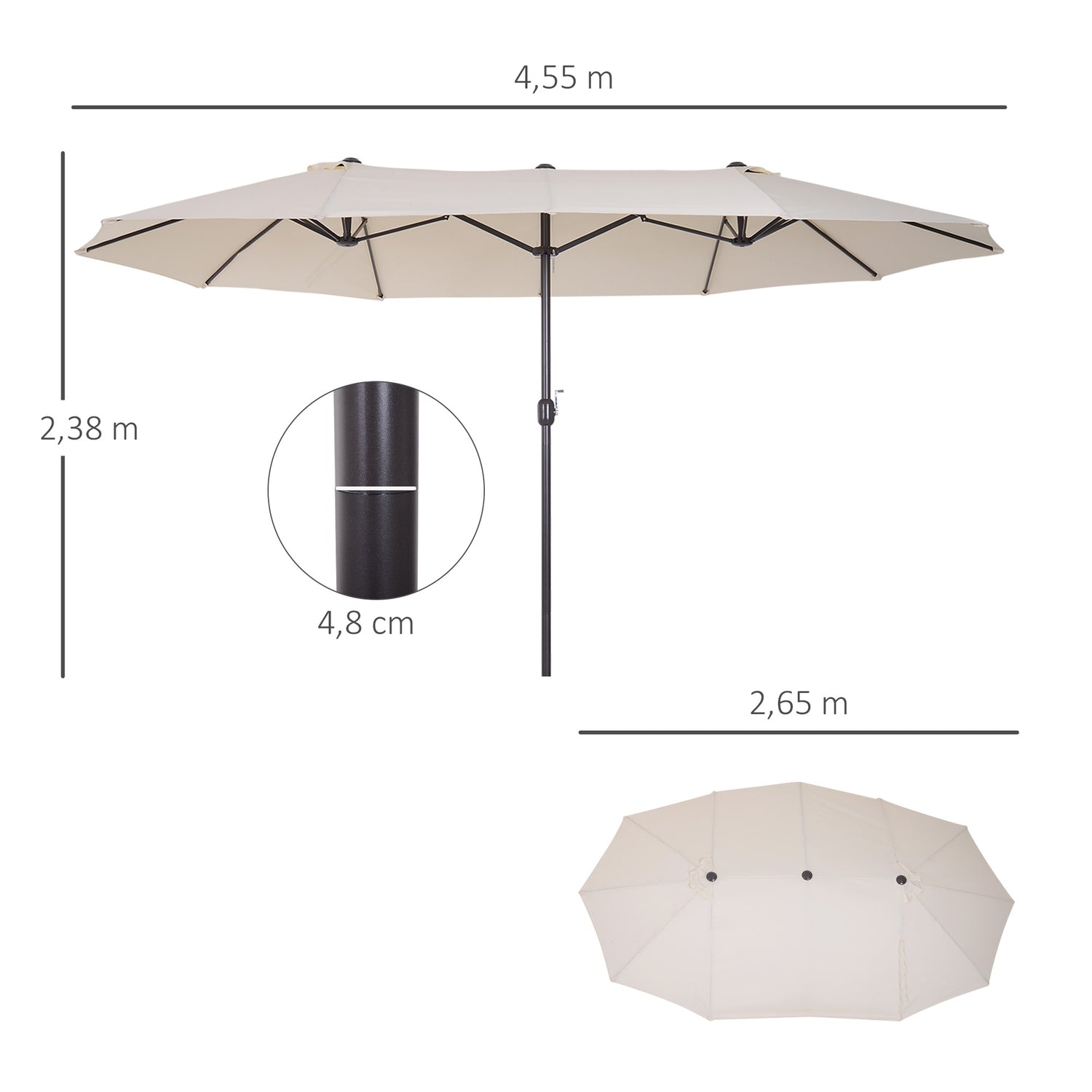 Beige Oval Dubbel Trädgårdsparasoll med Handvev, 455x270 cm