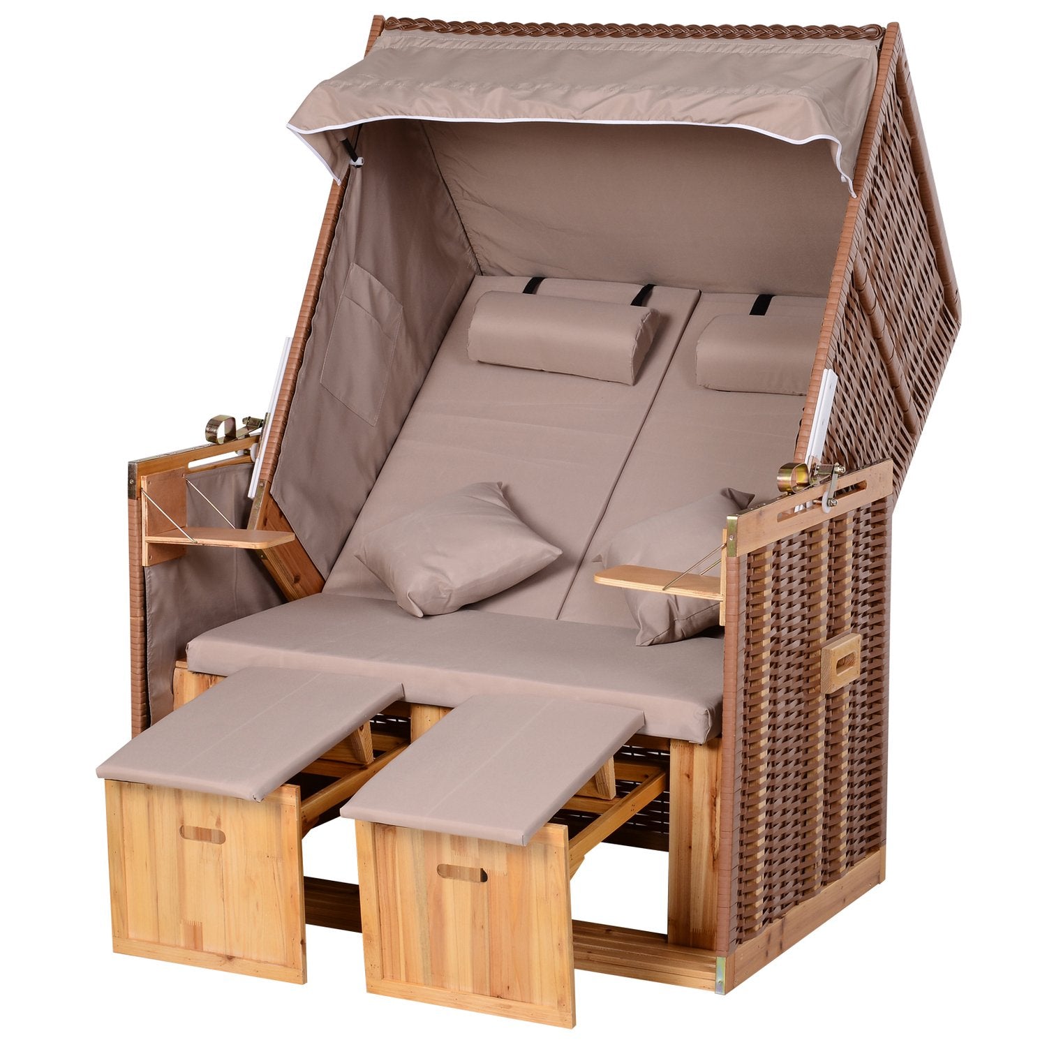 Beige PE rotting strandstolset med pall & bord, 118x79x160 cm