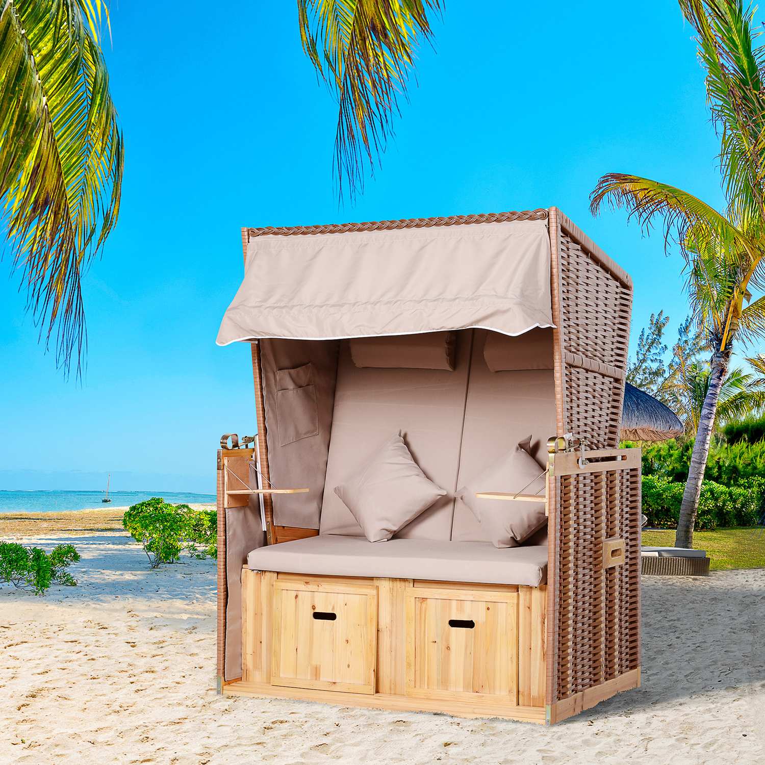 Beige PE rotting strandstolset med pall & bord, 118x79x160 cm