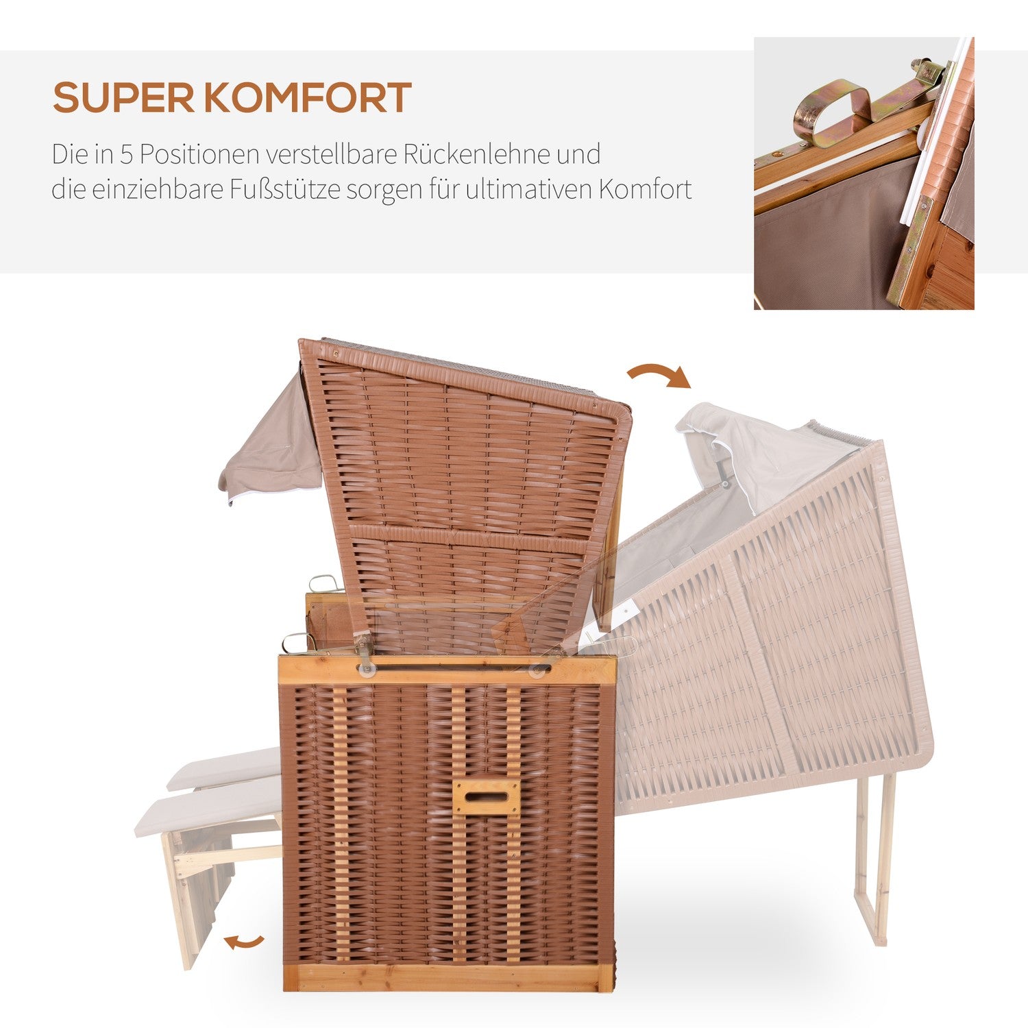 Beige PE rotting strandstolset med pall & bord, 118x79x160 cm
