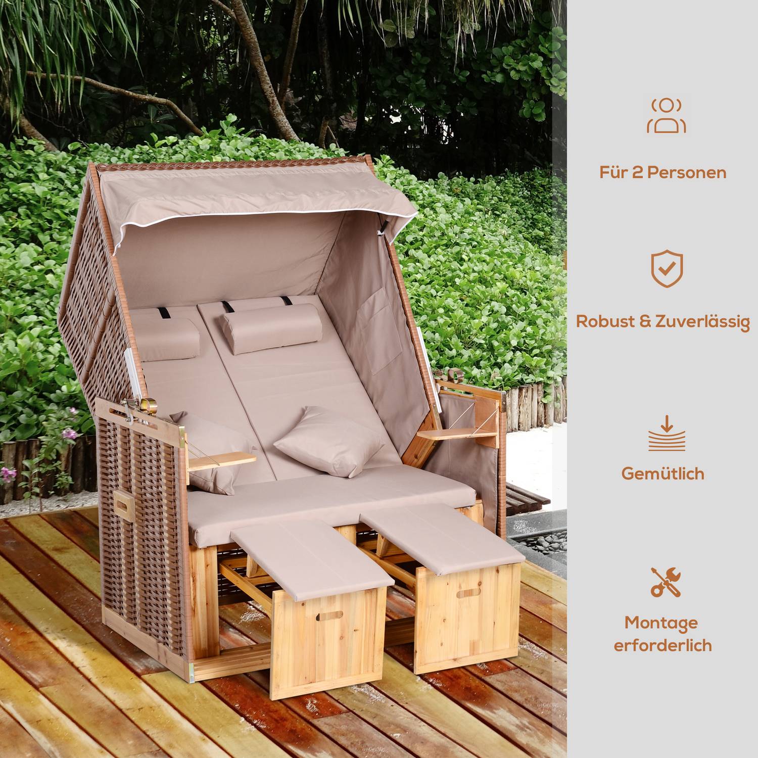 Beige PE rotting strandstolset med pall & bord, 118x79x160 cm