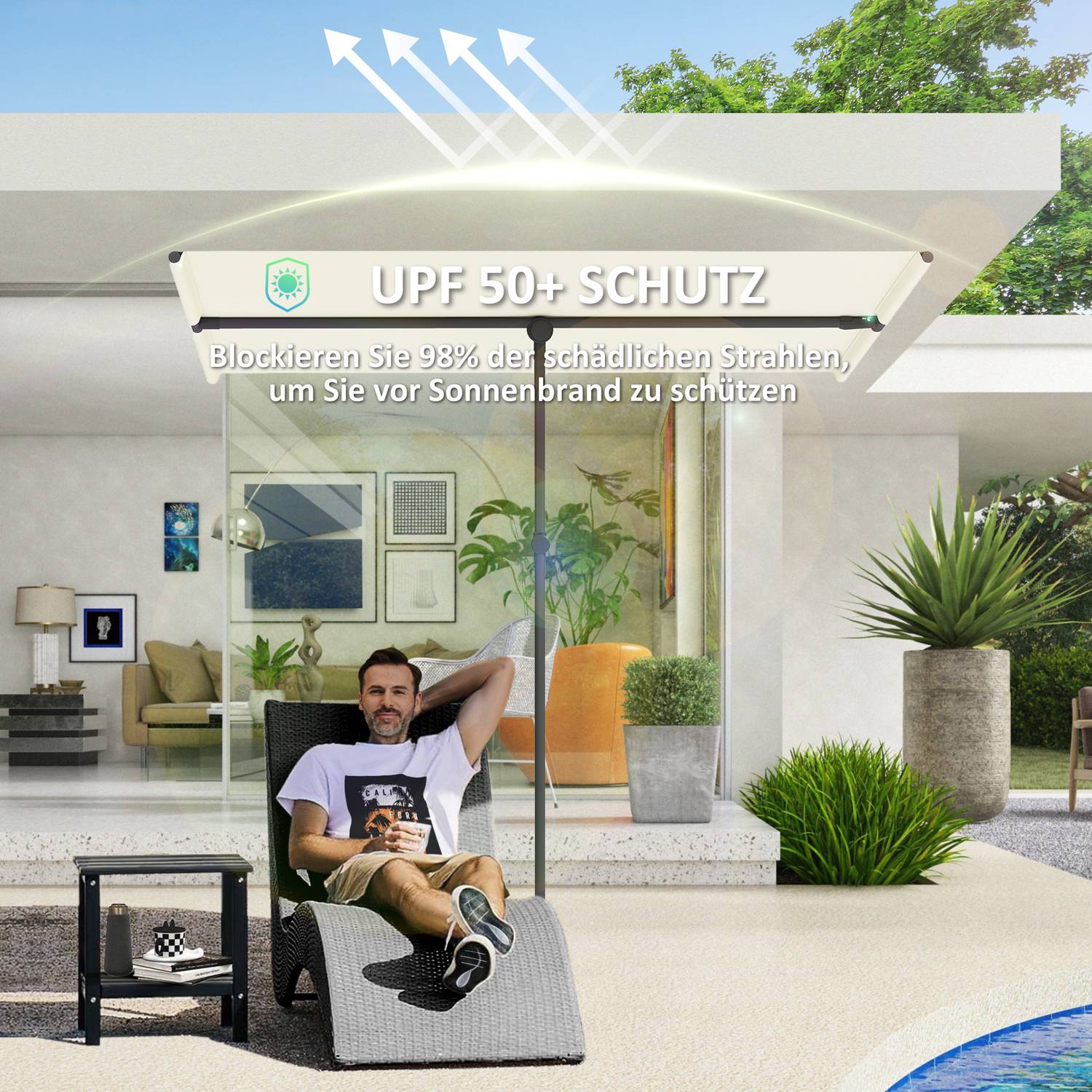 Béžový otočný slunečník, ochrana proti slunci 180°, 150 × 205 cm