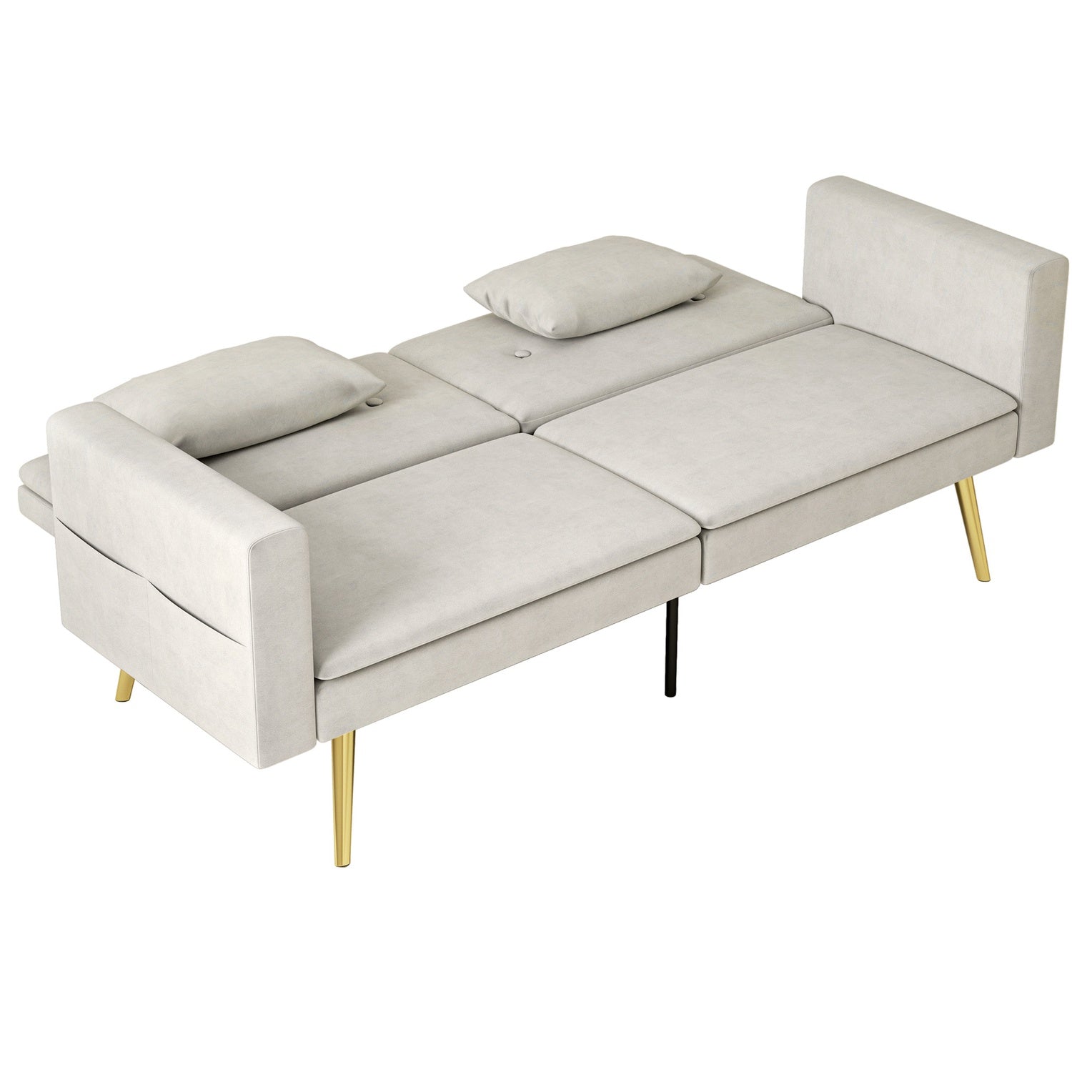 Beige bäddsoffa, 2-sits med justerbart ryggstöd & ficka