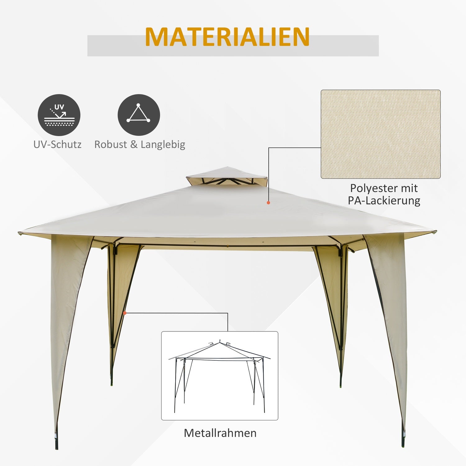 Beige metall polyester paviljongtält, dubbeltak 3,45m