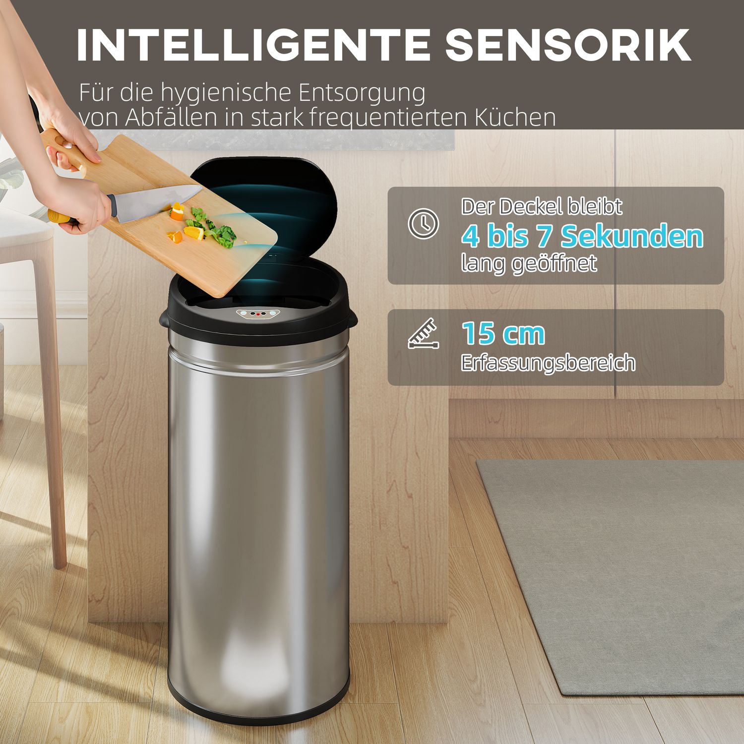 Beröringsfri 42L rostfri papperskorg med sensor