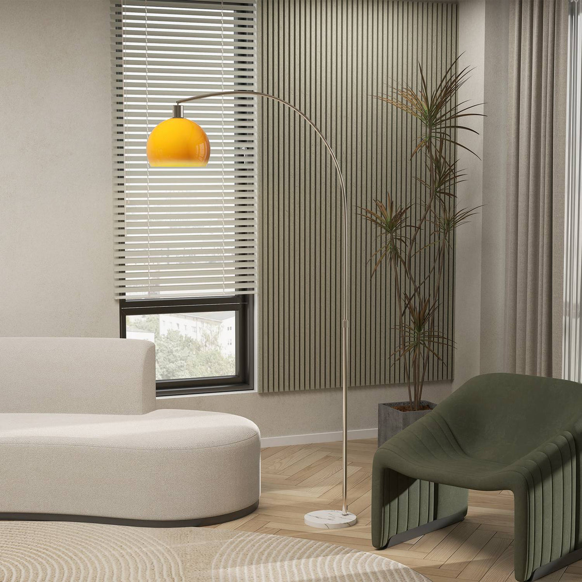 Oblouková stojací lampa s nožním spínačem, mramorová základna, bílá/oranžová