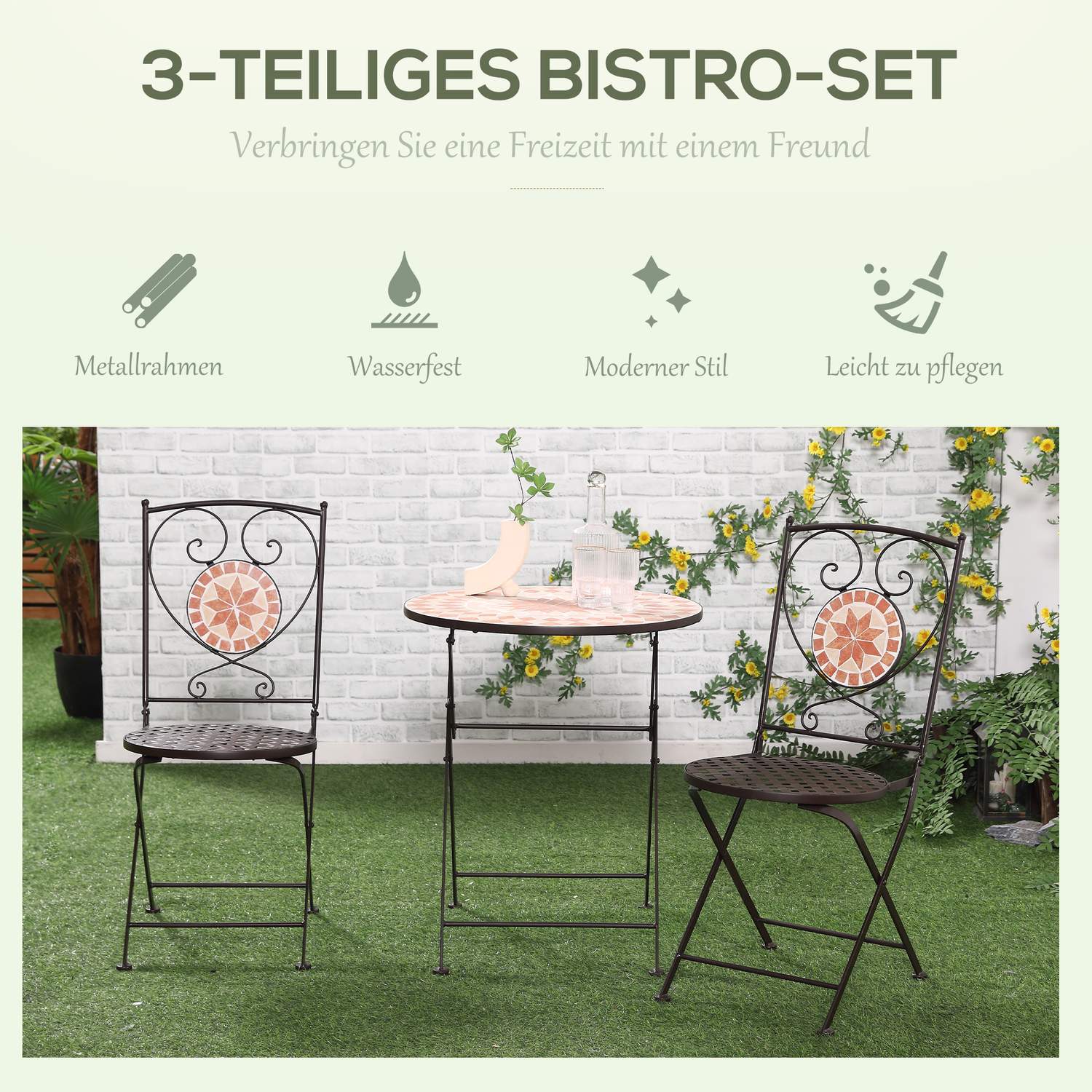 Bistro souprava – 3 kusy, kovová mozaika, stůl a 2 židle