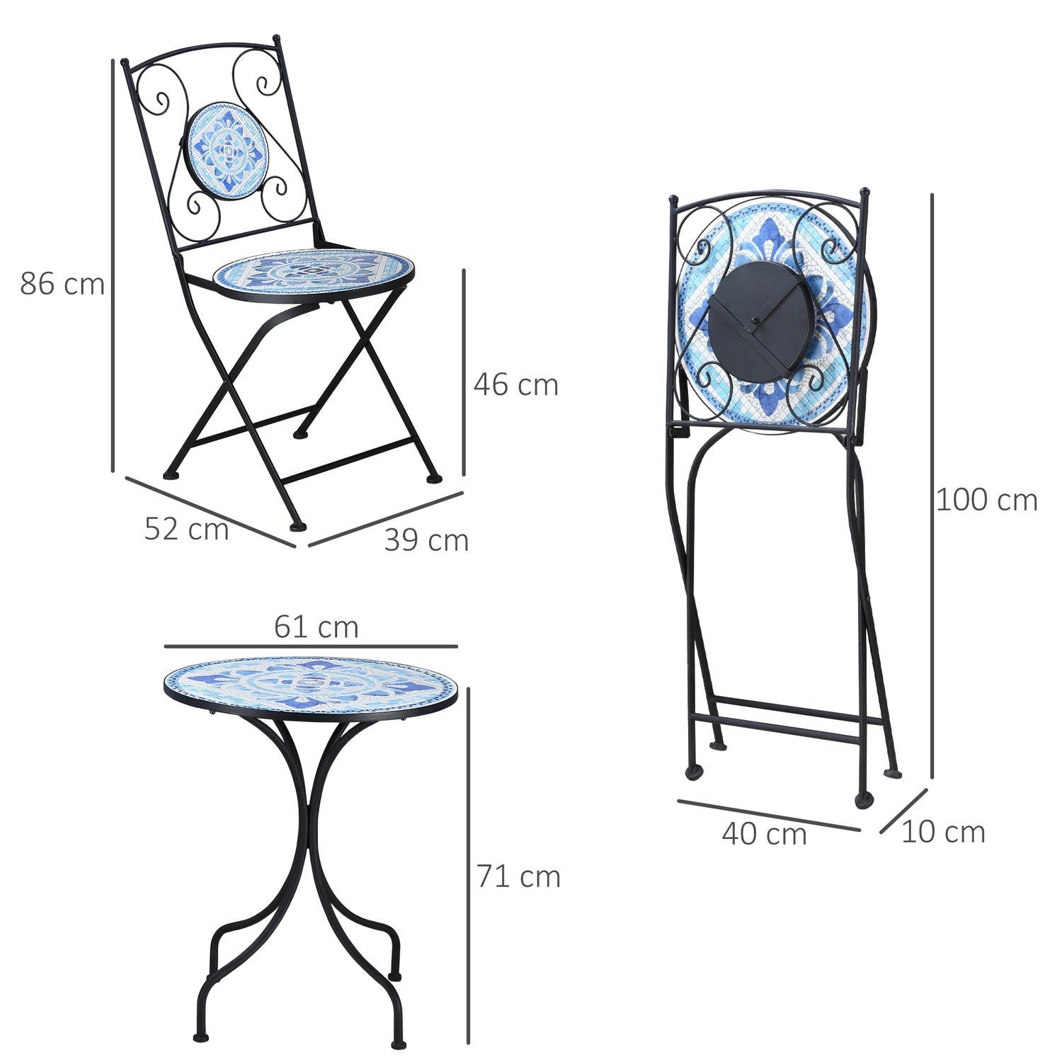 Bistroset för 2: Ø 61 Cm Stålbord & hopfällbara stolar