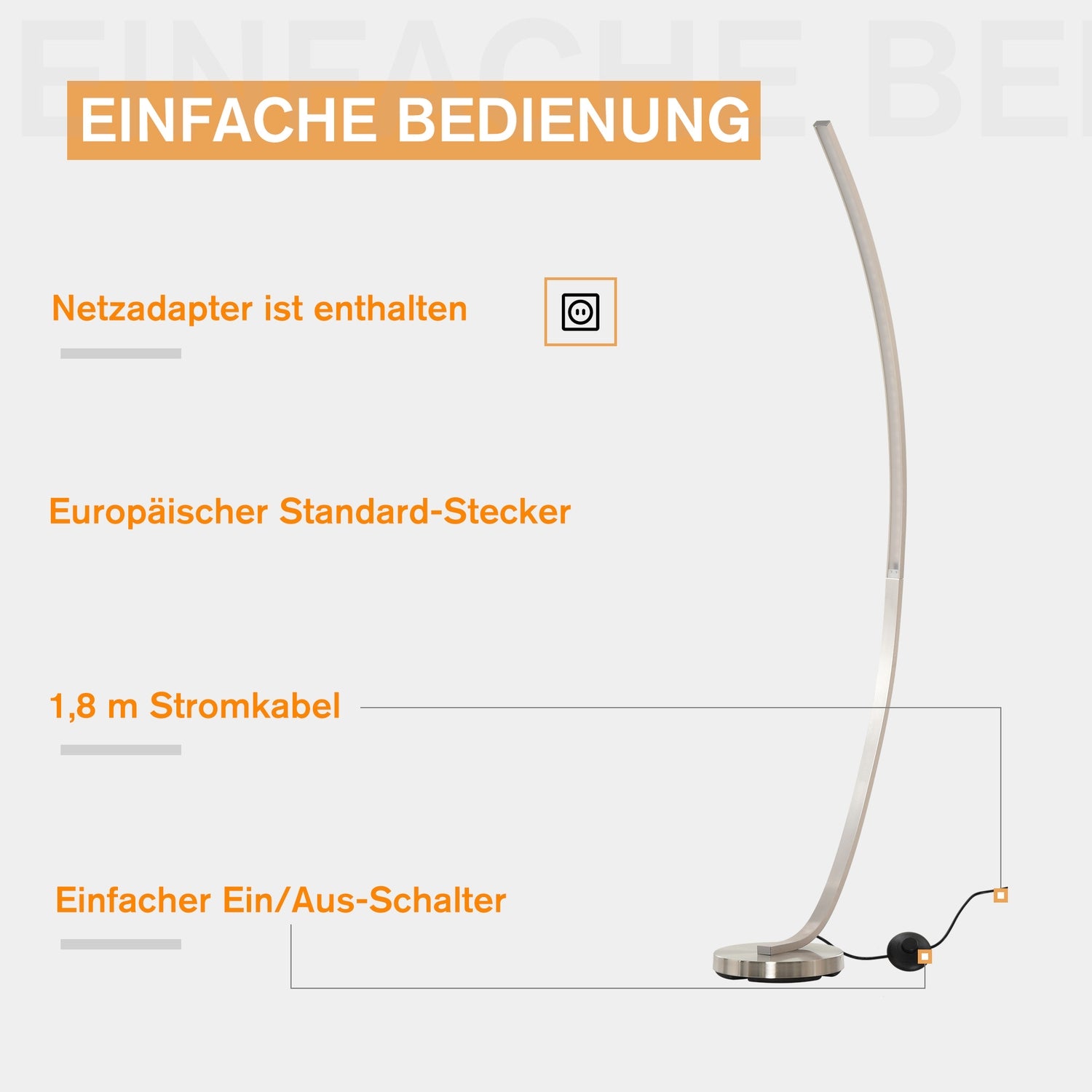 Böjd LED-golvlampa – varmvit, aluminium, 149 cm