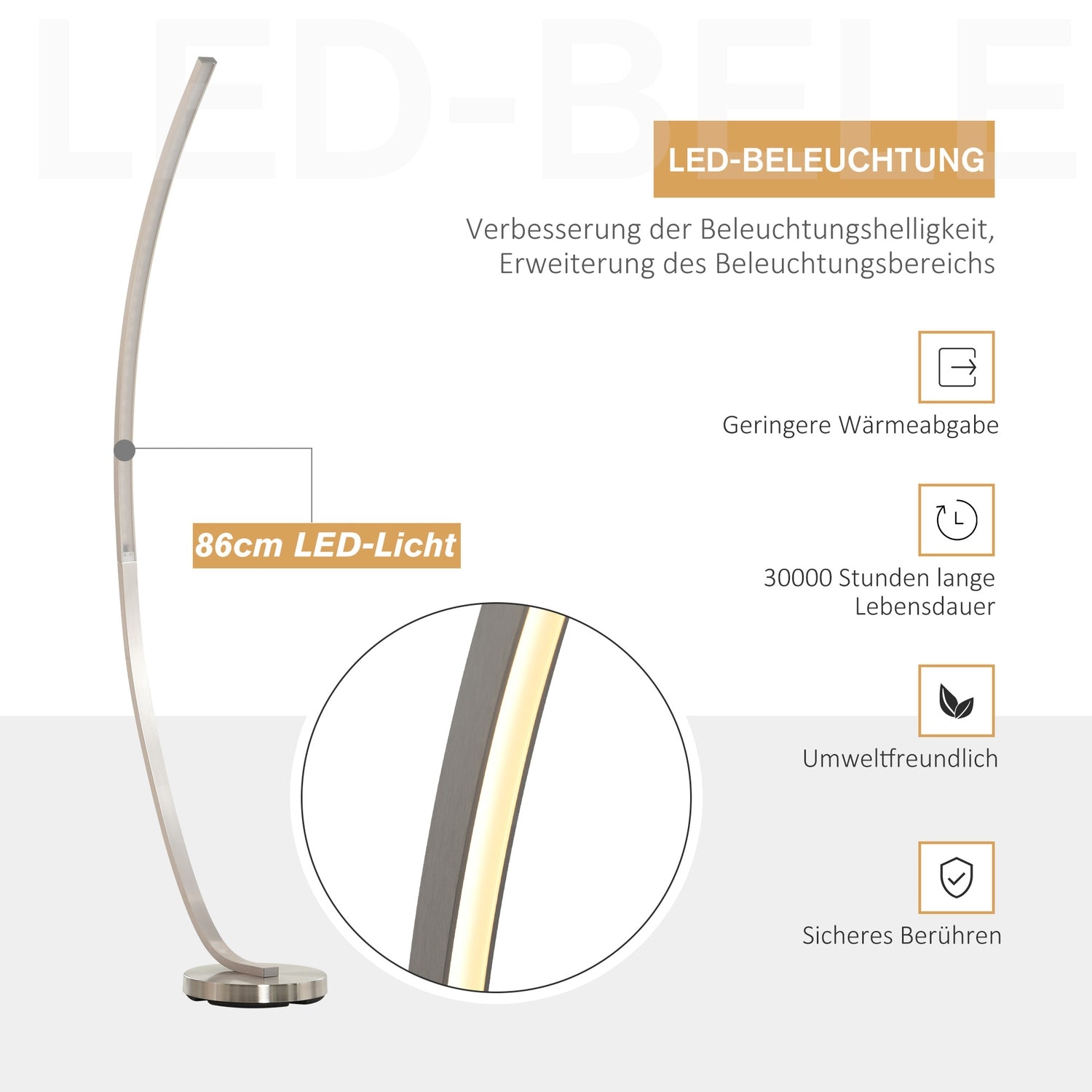 Böjd LED-golvlampa – varmvit, aluminium, 149 cm