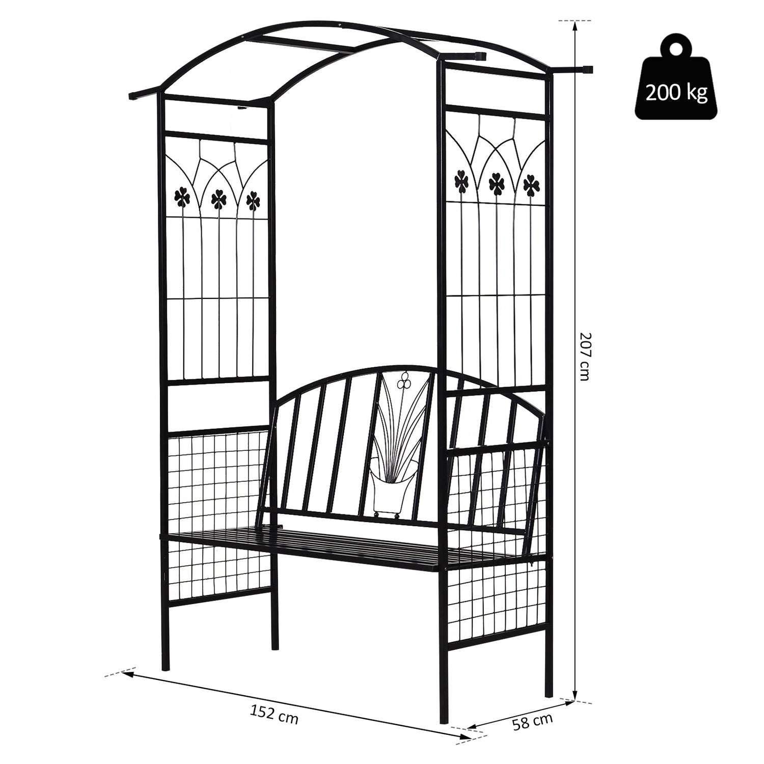 Black Metal Garden Arch med bänk – 154 x 60 x 205 cm