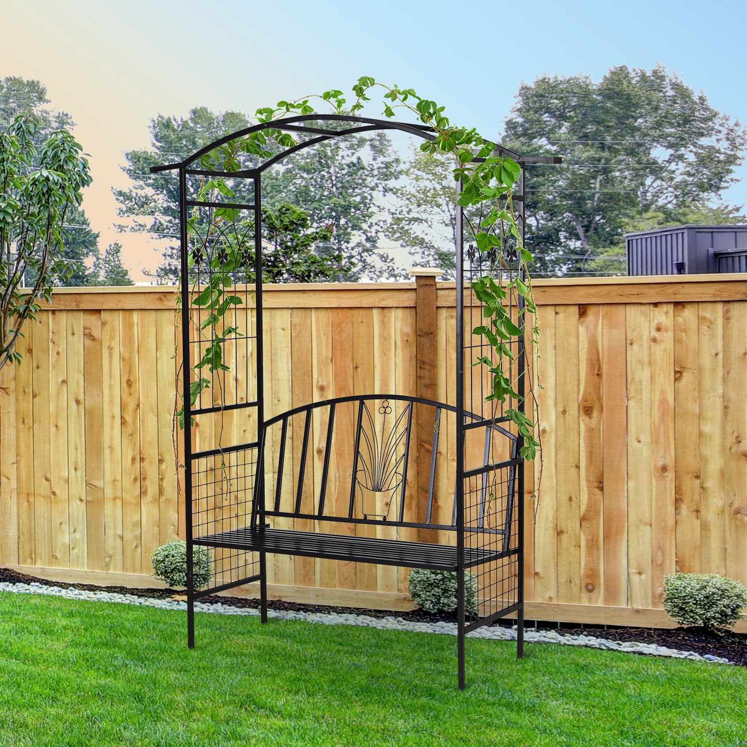 Black Metal Garden Arch med bänk – 154 x 60 x 205 cm