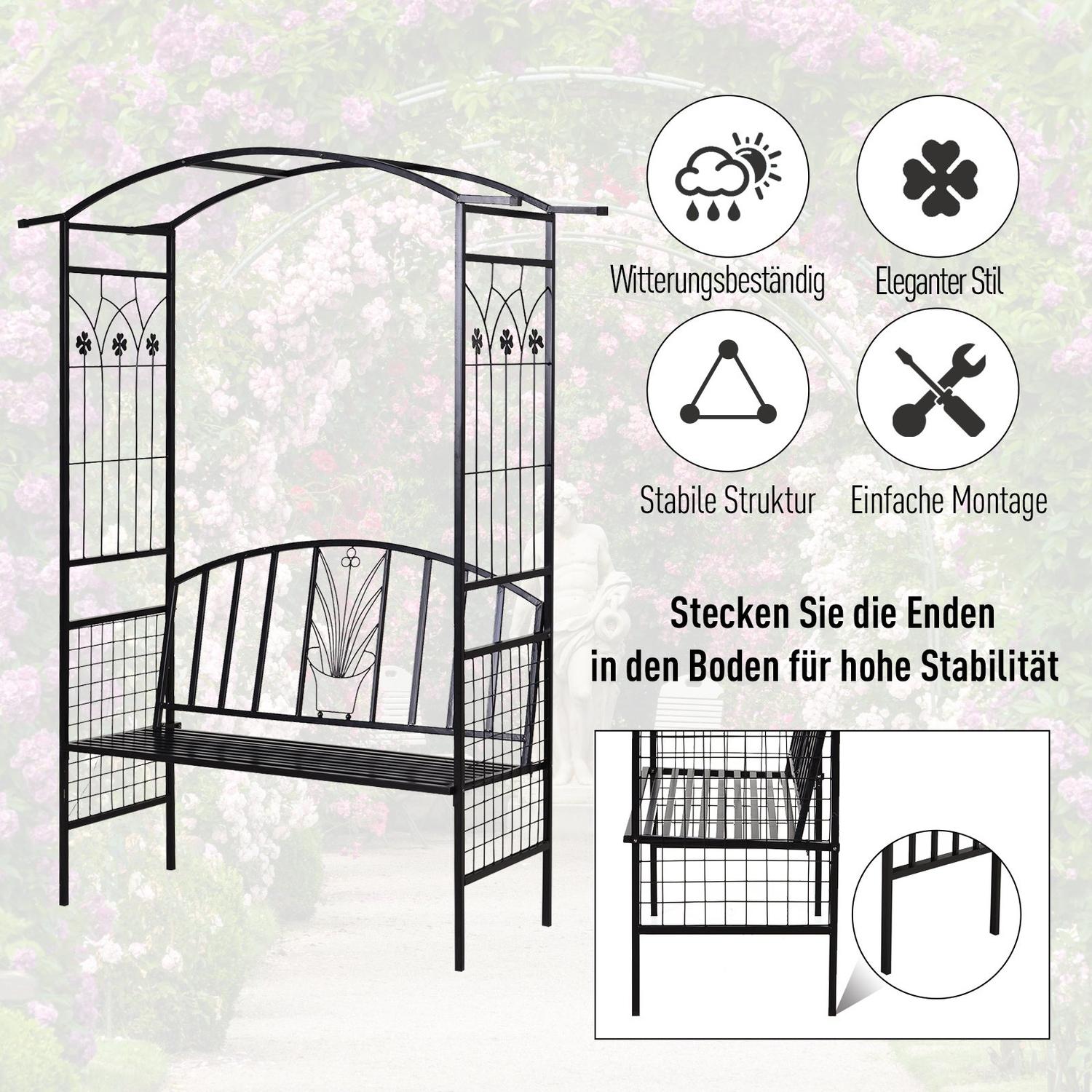 Black Metal Garden Arch med bänk – 154 x 60 x 205 cm