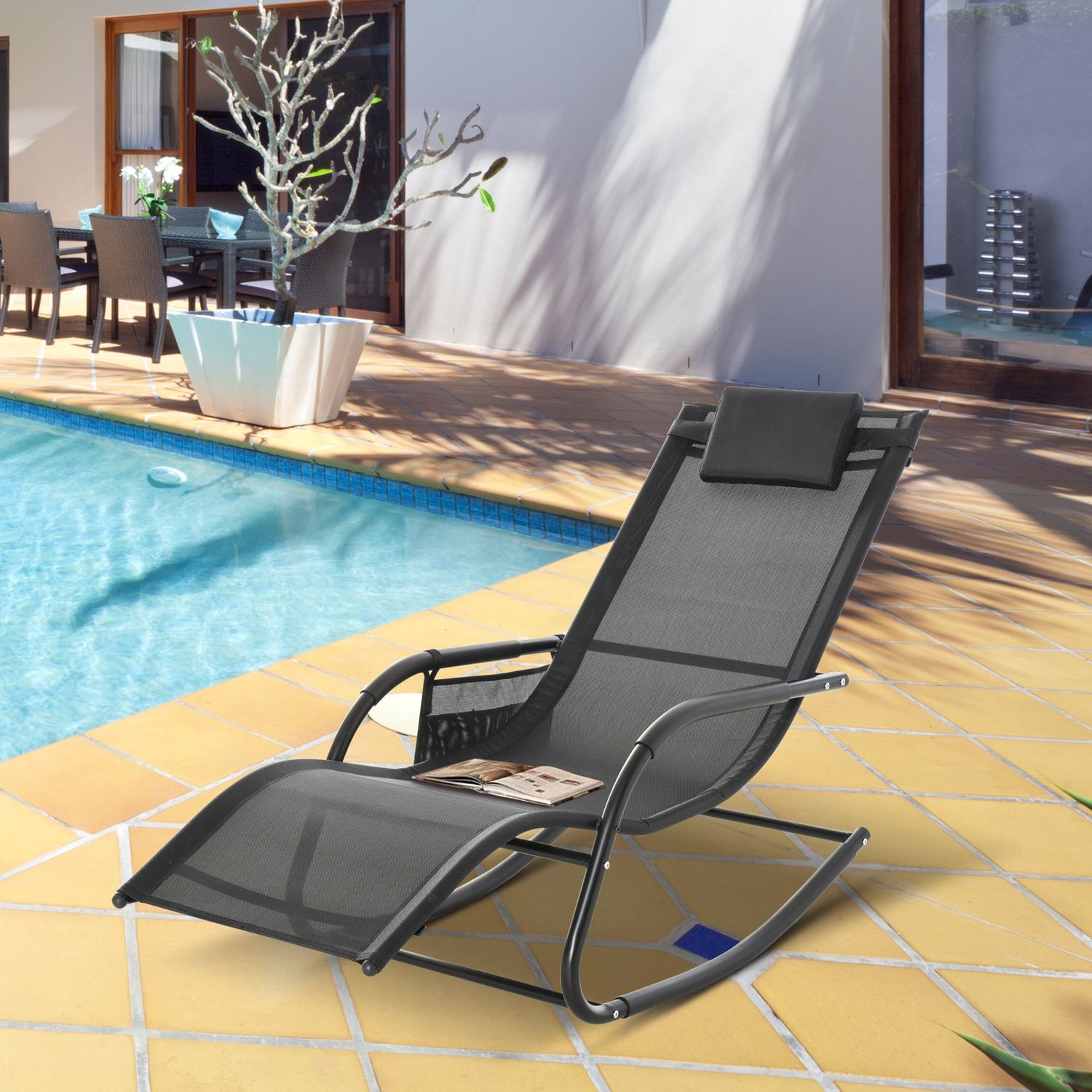 Black Metal Mesh Rocking Lounger, 150 x 62 x 88 cm