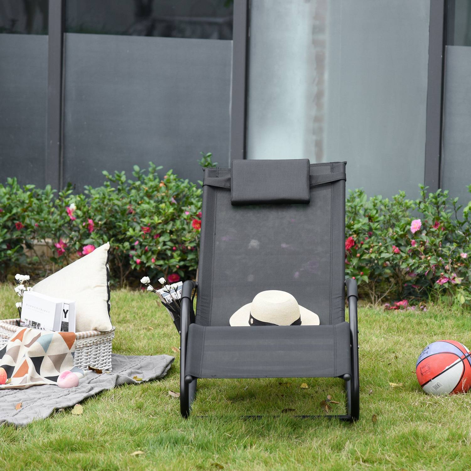 Black Metal Mesh Rocking Lounger, 150 x 62 x 88 cm