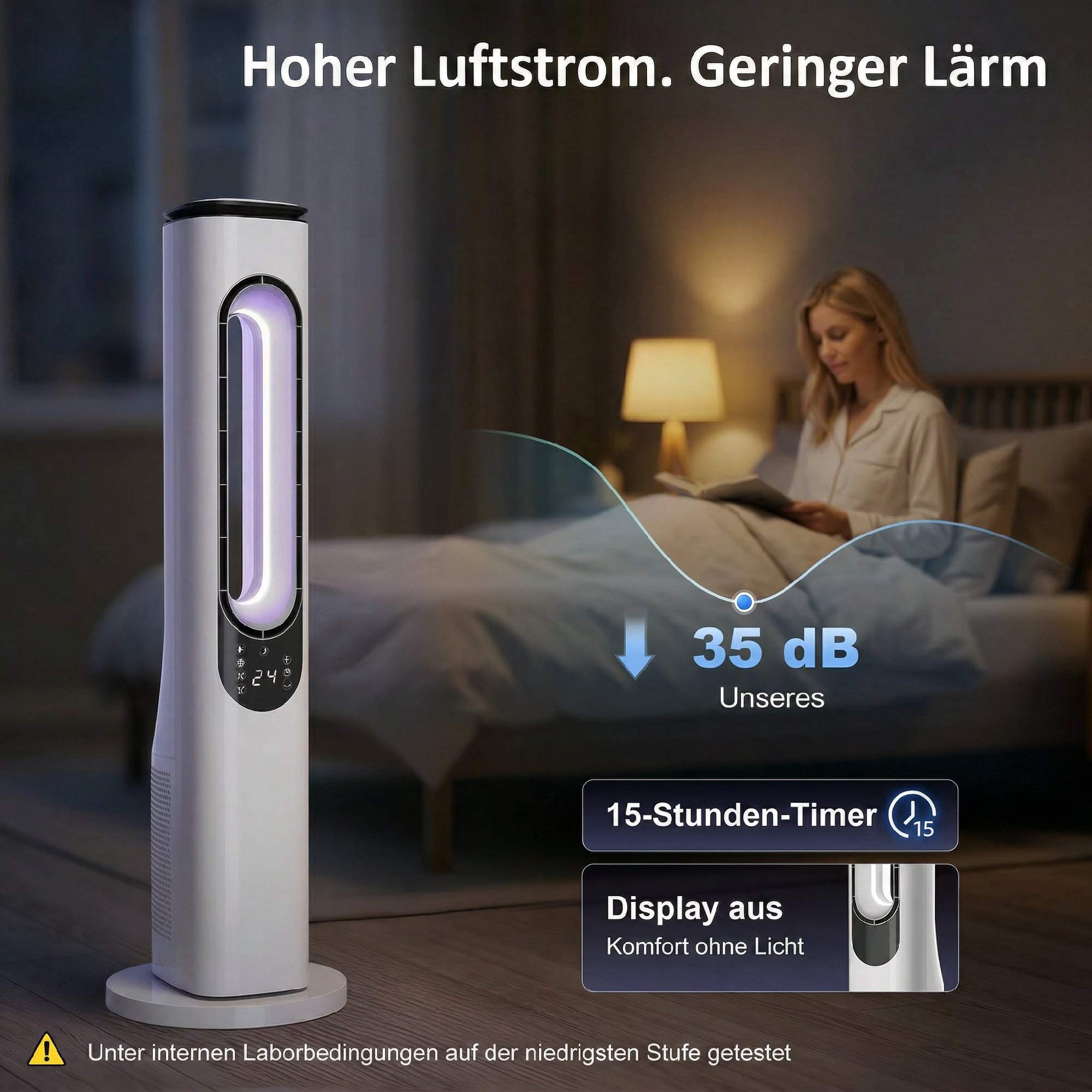 Bladlös tornfläkt med 15-timmars timer, tyst 35 dB, vit