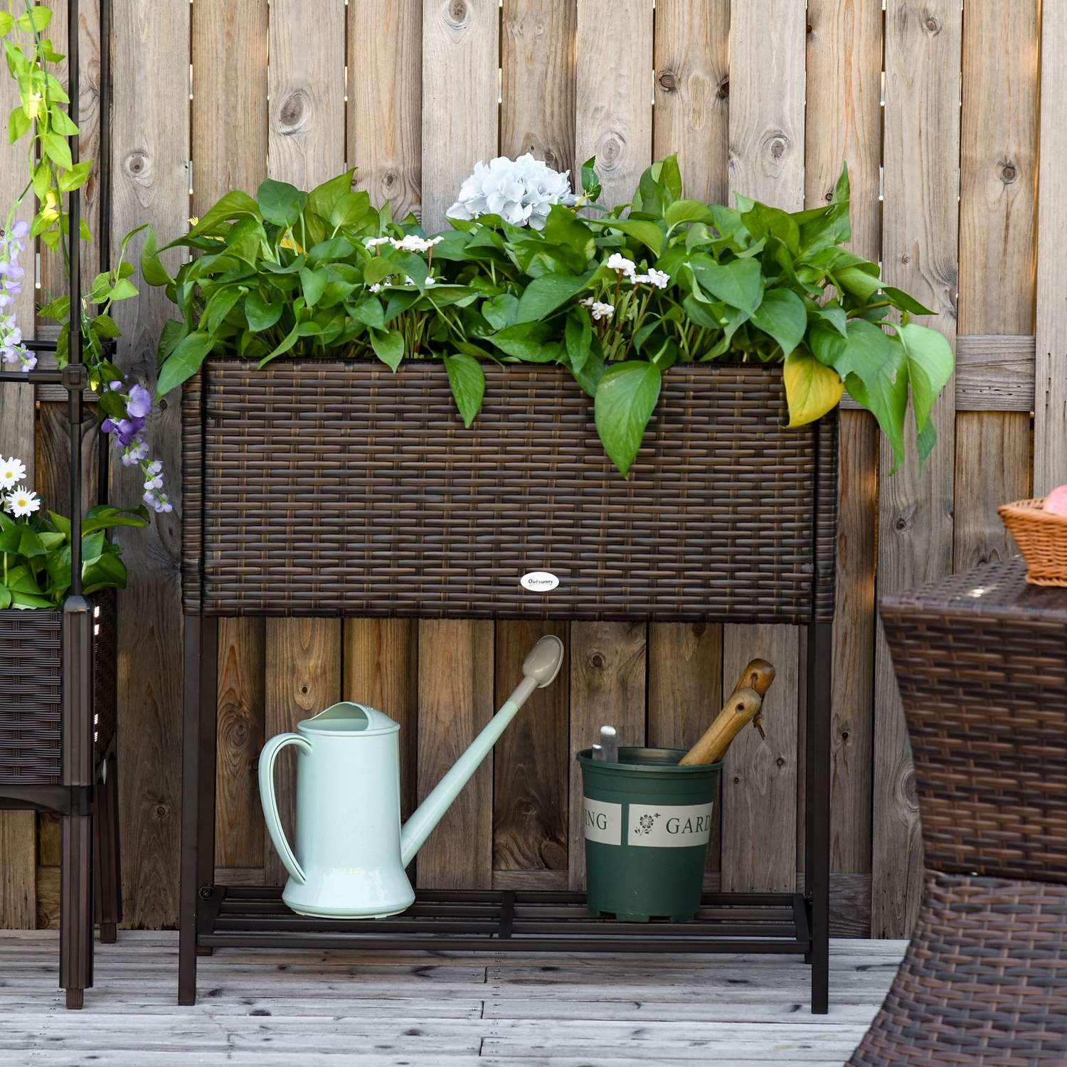 Blomlåda i polyrotting med hylla, brun, 70x30x72 Cm