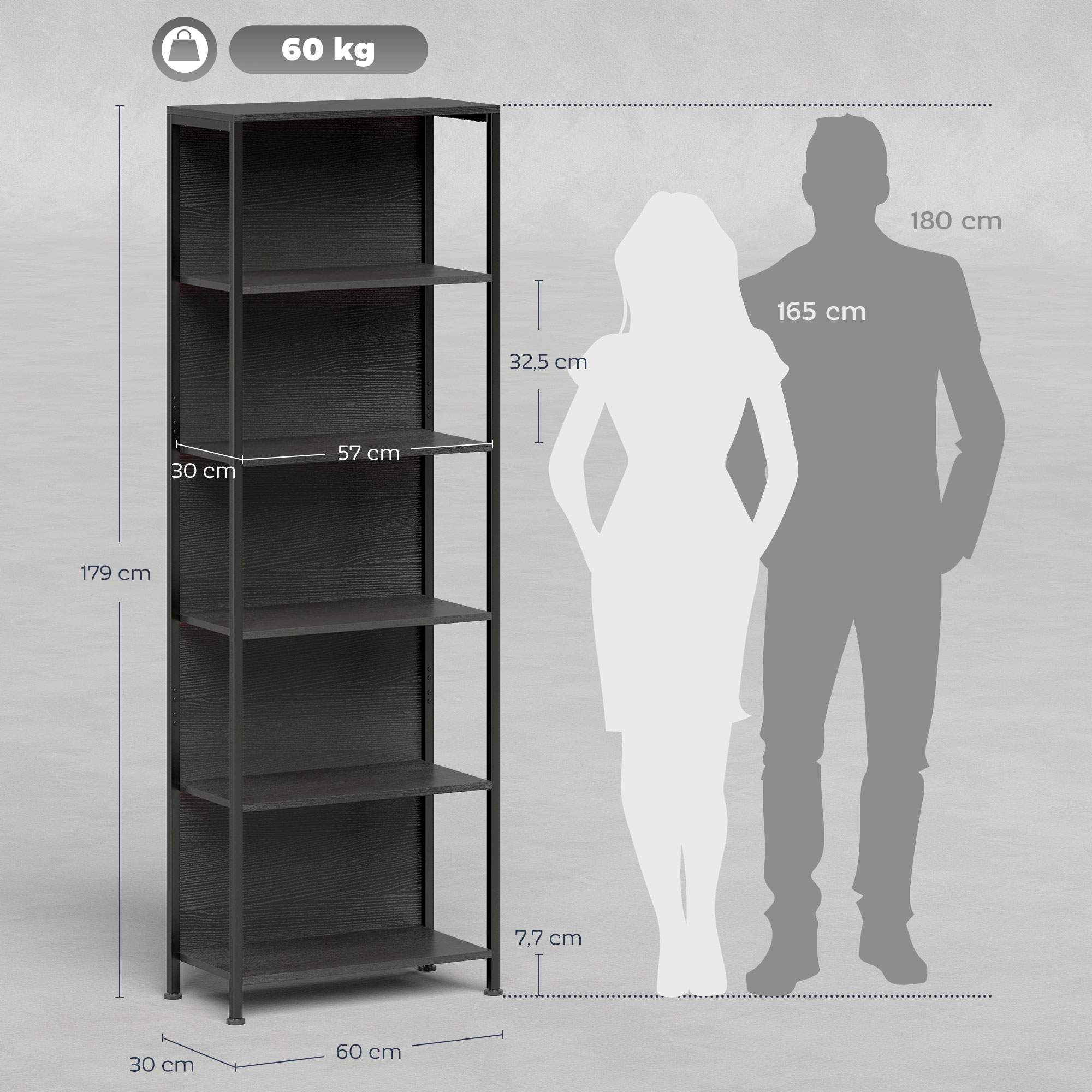 Bokhylla med 5 hyllor, LED-belysning, 7 färger, svart