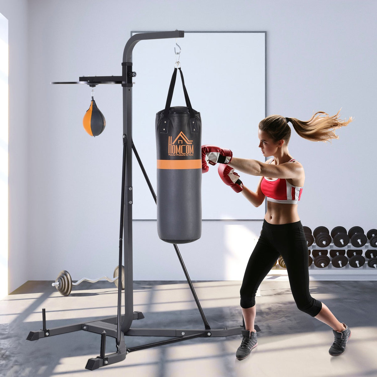 Stojan na boxovací pytel s 20kg pytlem a míčem, nastavitelný, ocelový