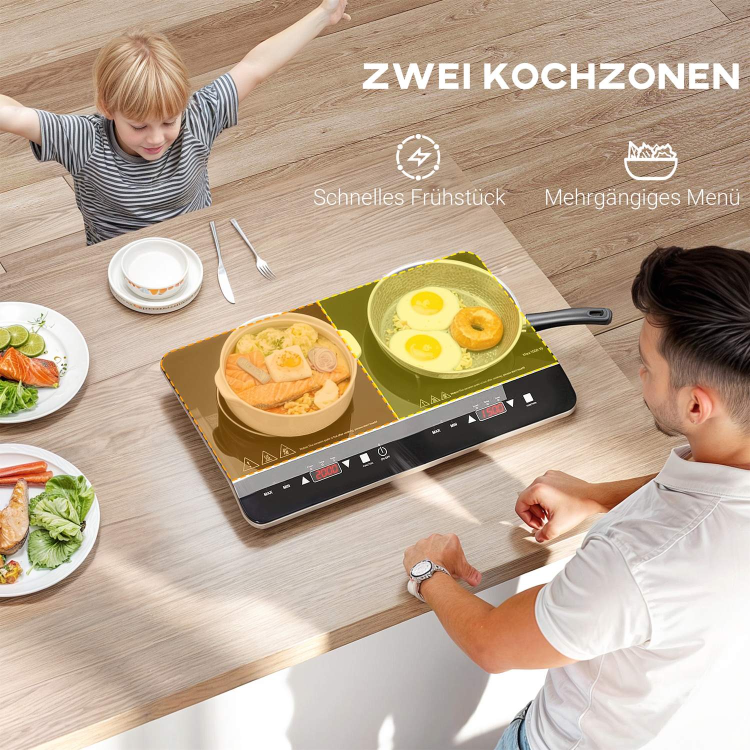 Přenosná dvouzónová indukční varná deska, 8 úrovní výkonu, 3500W