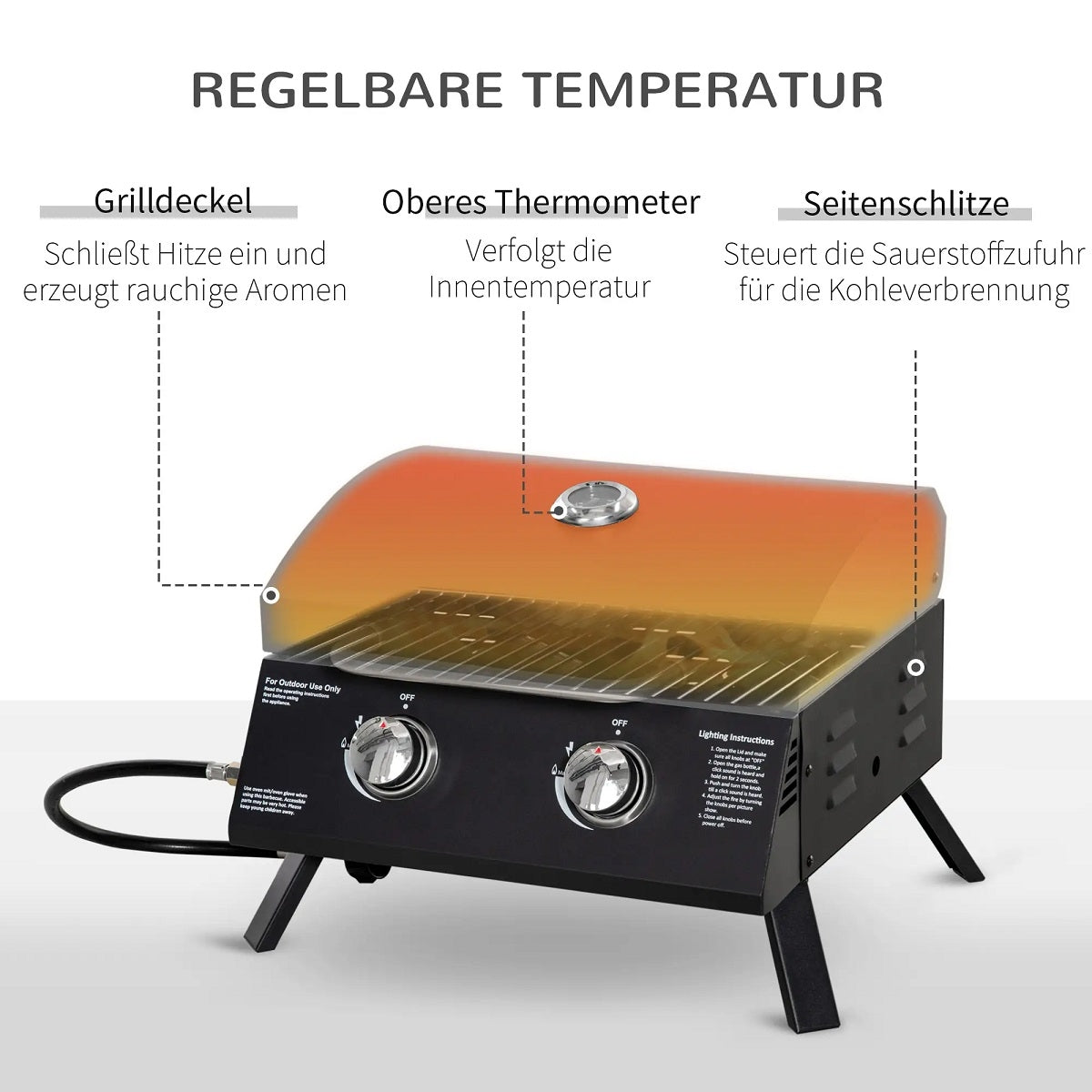 Bärbar gasgrill i rostfritt stål med 2 brännare, svart